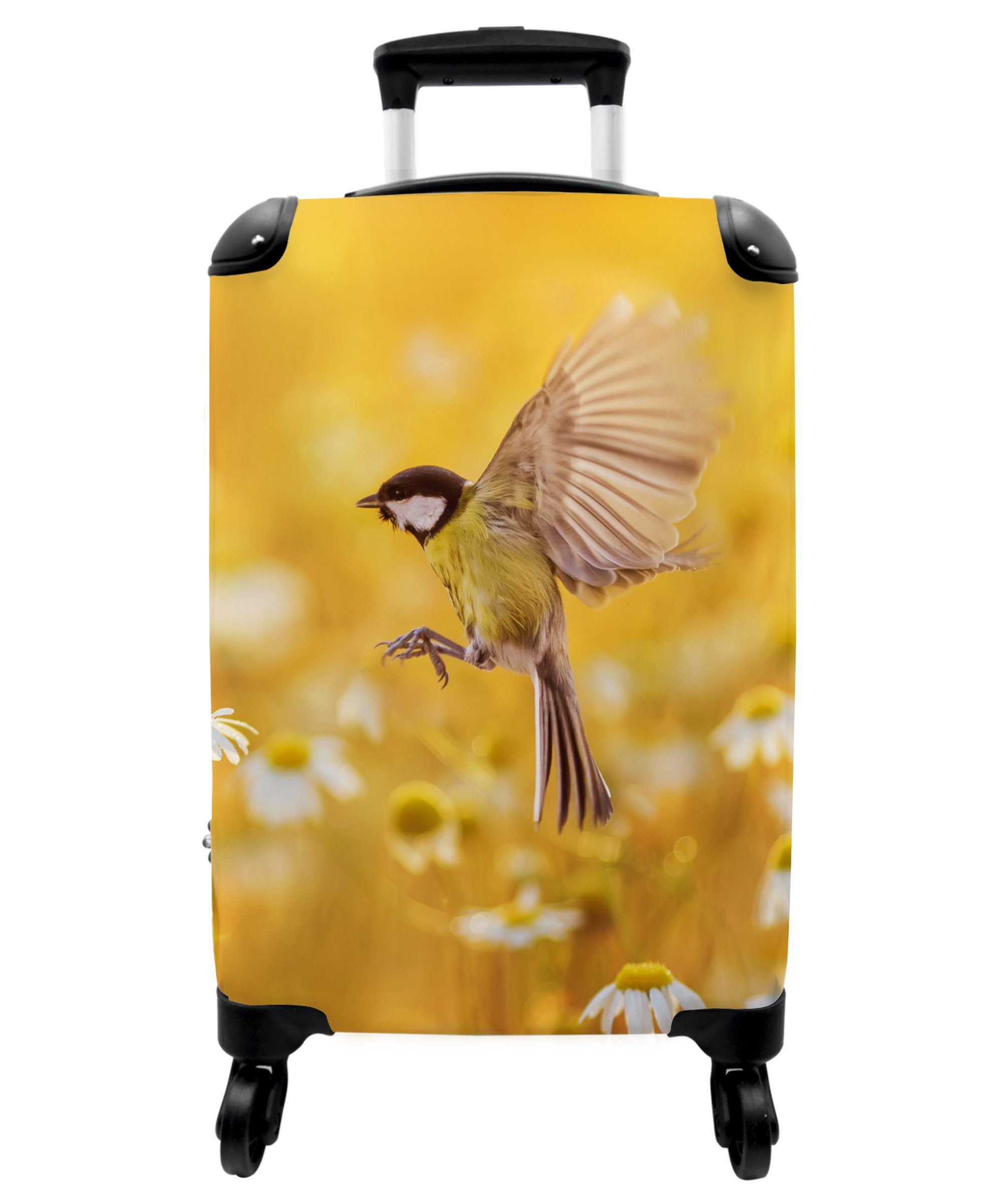 NoBoringSuitcases.com© Handgepäckkoffer 55x35x20cm Vogel - Blumen - Gänseblümchen - Gelb - Sommer, 4 Rollen, Handgepäck Trolley Rollkoffer Kleine Reisekoffer mit 4 Rollen - Cabin