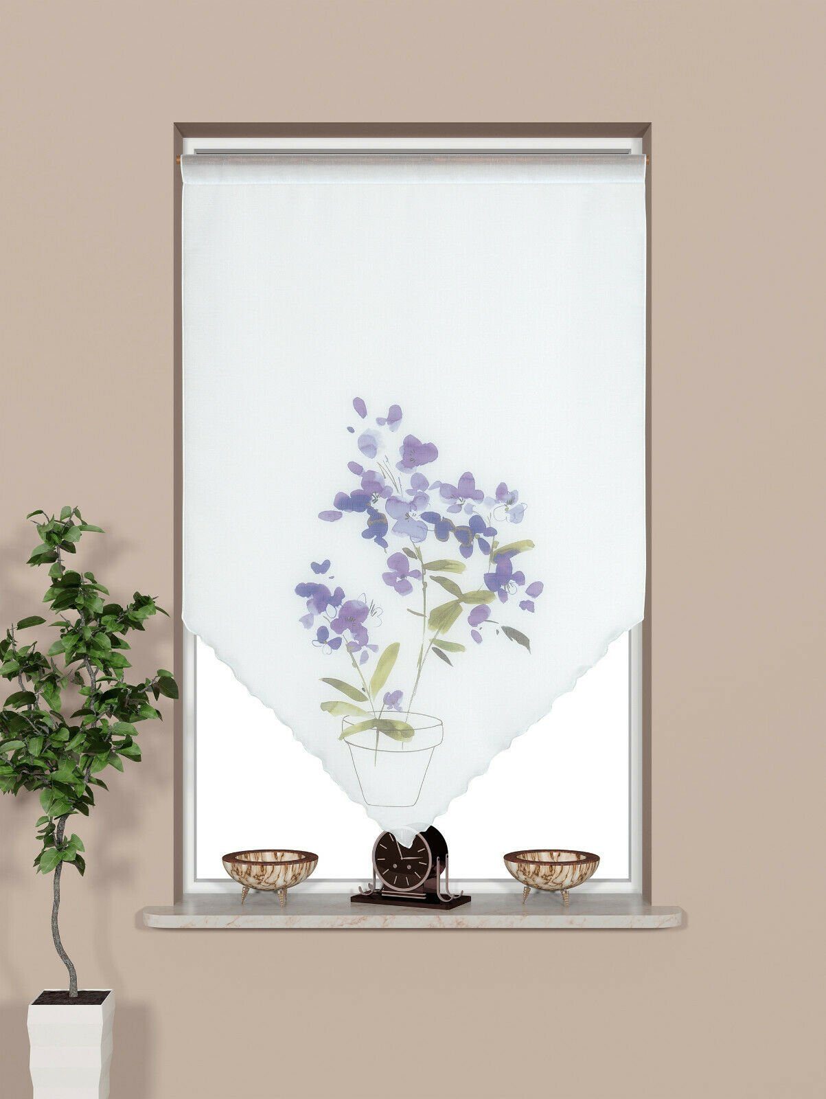 EXPERIENCE Scheibengardine Design Kuvert, weiß, Blume lila, BxH 60x90cm, 4052-01, (1 St), Stangendurchzug, transparent