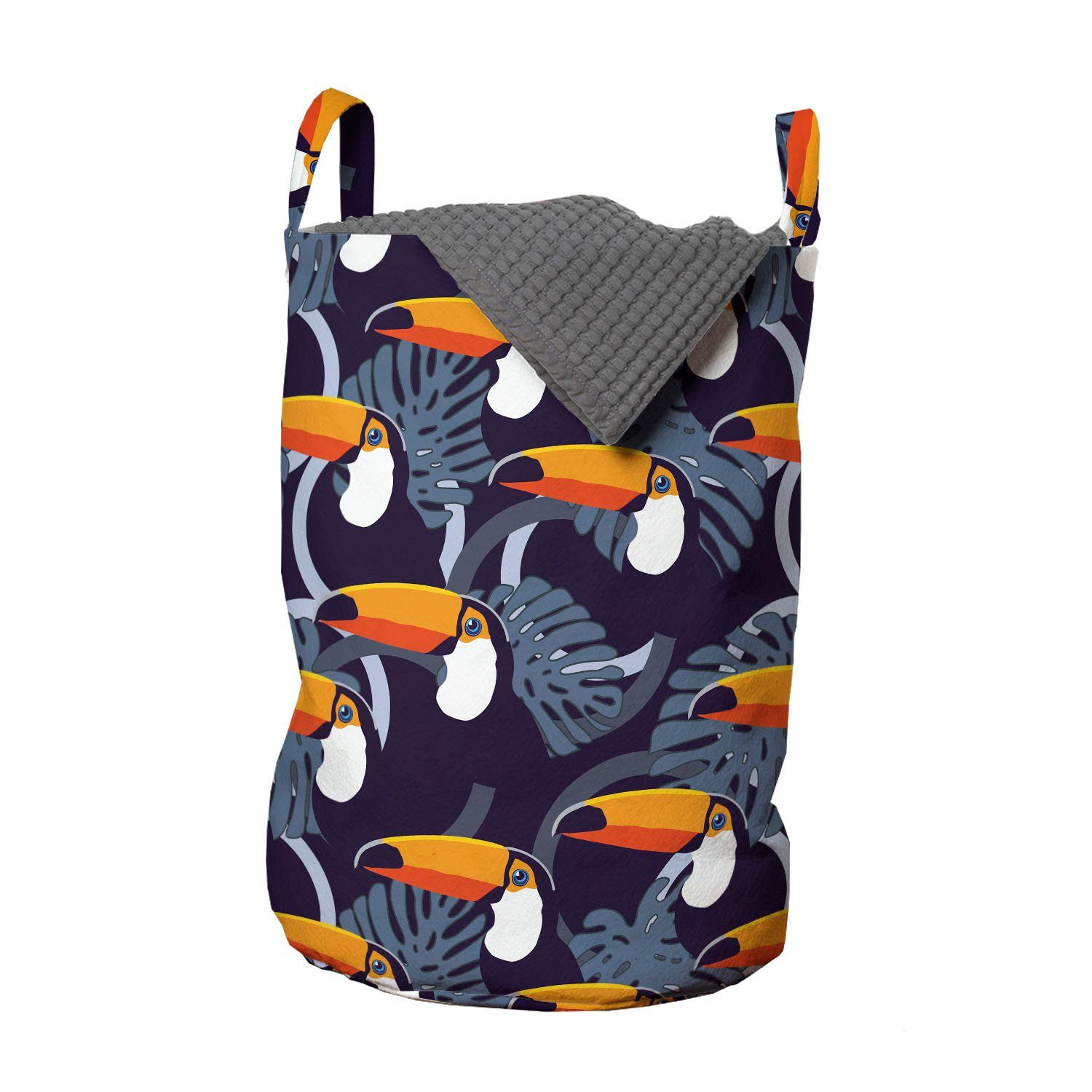 Wäschekorb Monstera Kordelzugverschluss Vögel Abakuhaus Tropisch mit Wäschesäckchen für Toucan Griffen Blatt Waschsalons,