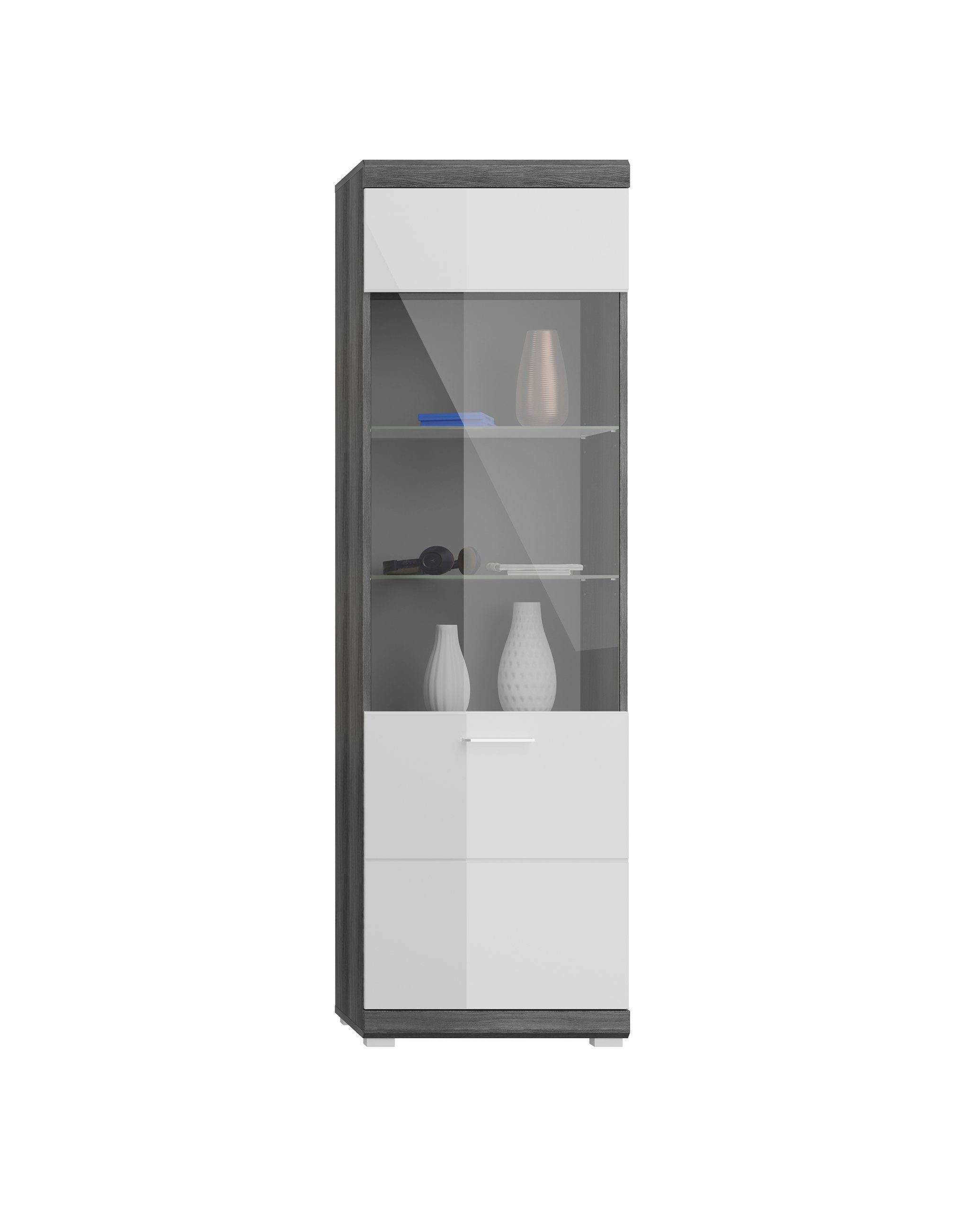 möbelando Wohnwand Sandusky, (4-St), Moderne Wohnwand, Korpus aus Spanplatte in Rauchsilber Nachbildung, Front aus MDF in Weiß-Hochglanz mit 3 Glas-/Holztüren, 1 Klappe, 6 Konstruktionsböden, 2 Glasböden, 5 Einlegeböden und 2 offenen Fächern. Stellmaß ca. Breite 340 cm, Höhe 184 cm, Tiefe 40 cm