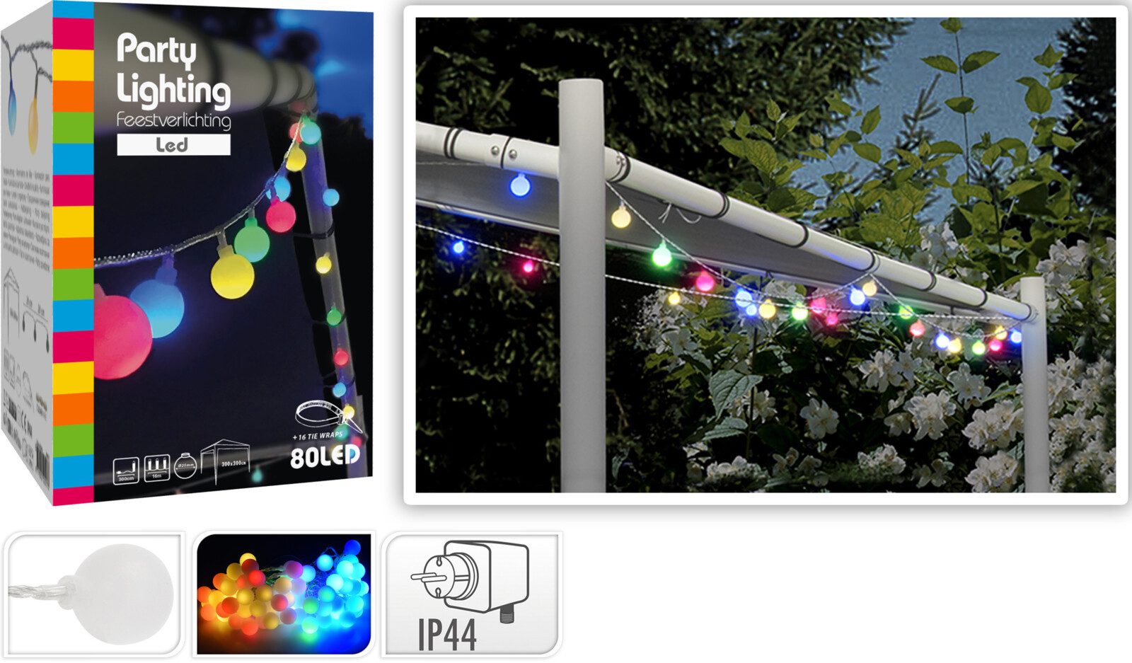 mucHome LED-Lichterkette mit 80LED Kugeln 16m mit Netzteil Festbeleuchtung
