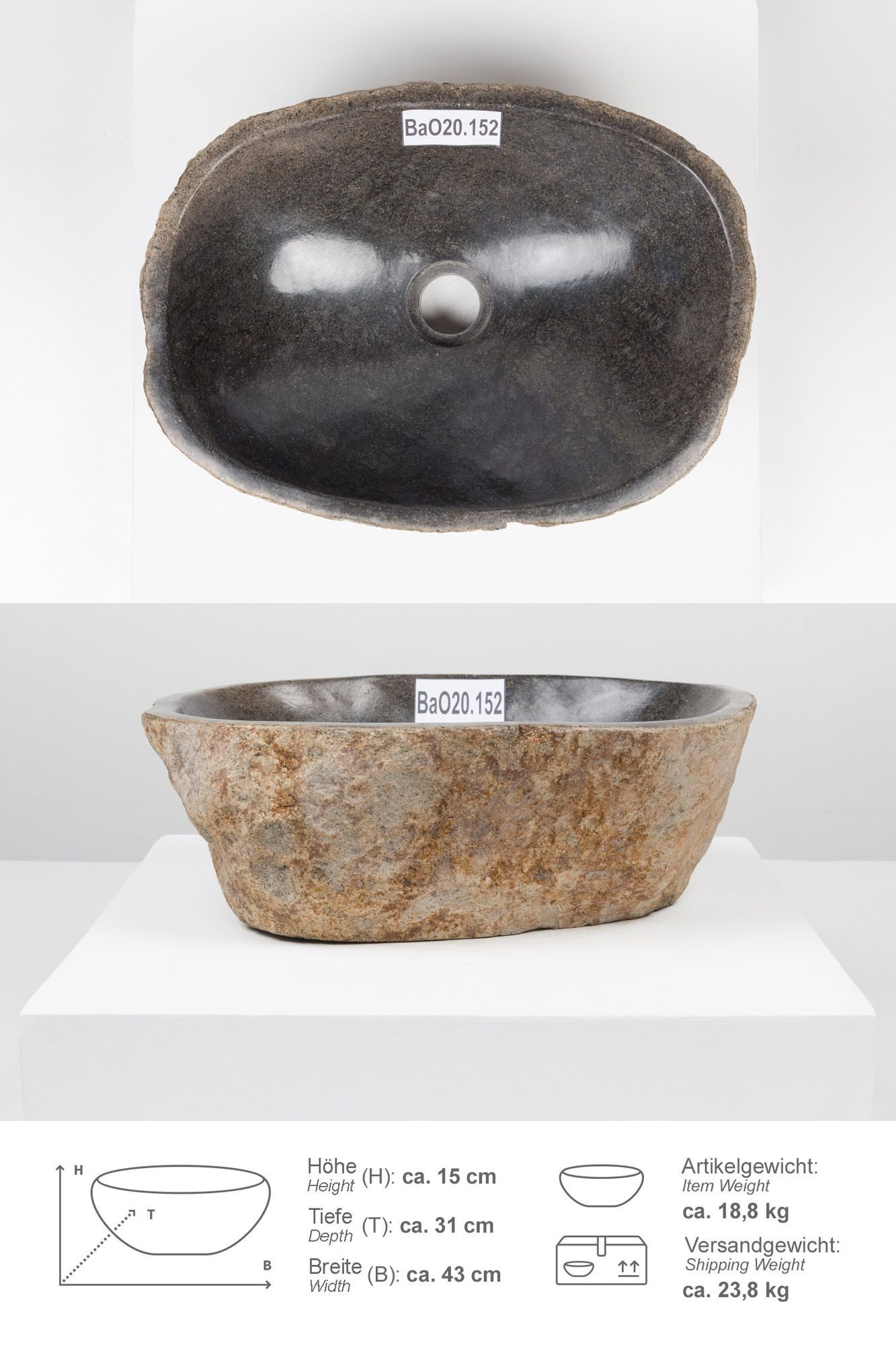 wohnfreuden Aufsatzwaschbecken Naturstein Раковини 40 cm oval (Kein Set), 101726_BaO20.152