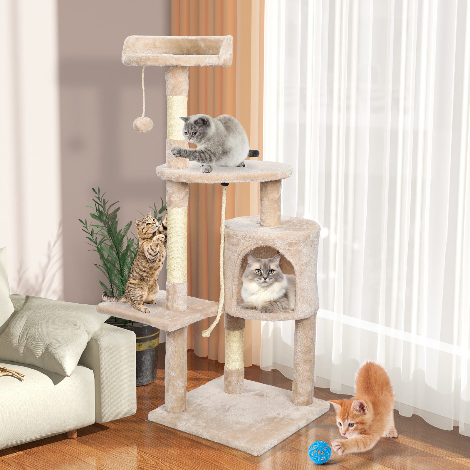 ZonQoonz Kratzbaum Kratzbaum 112 cm(H), mehrstöckiger Katzenbaum, Kletterbaum, Beige