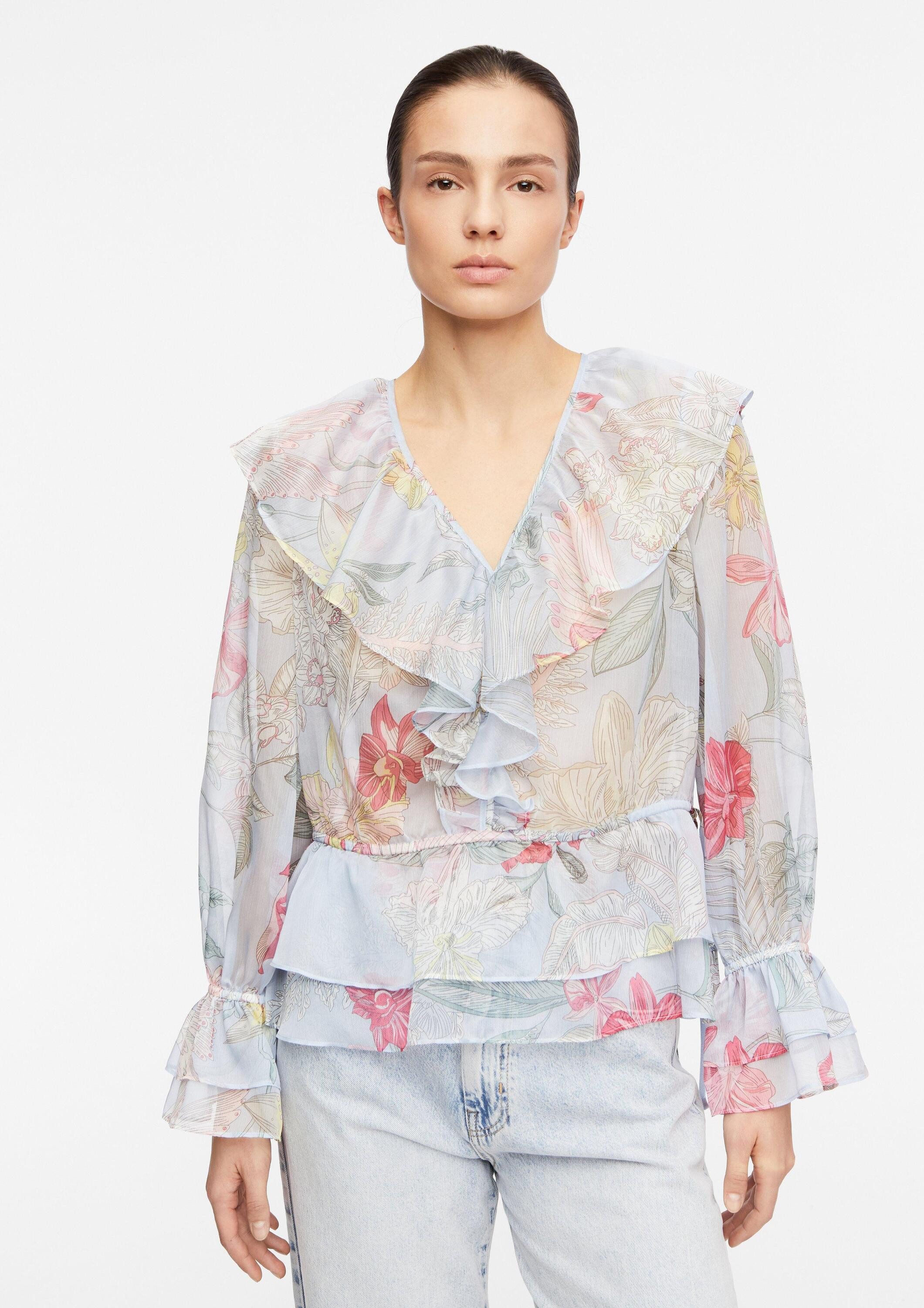 comma Langarmbluse Bluse Feminine Chiffonbluse mit Volant-Details