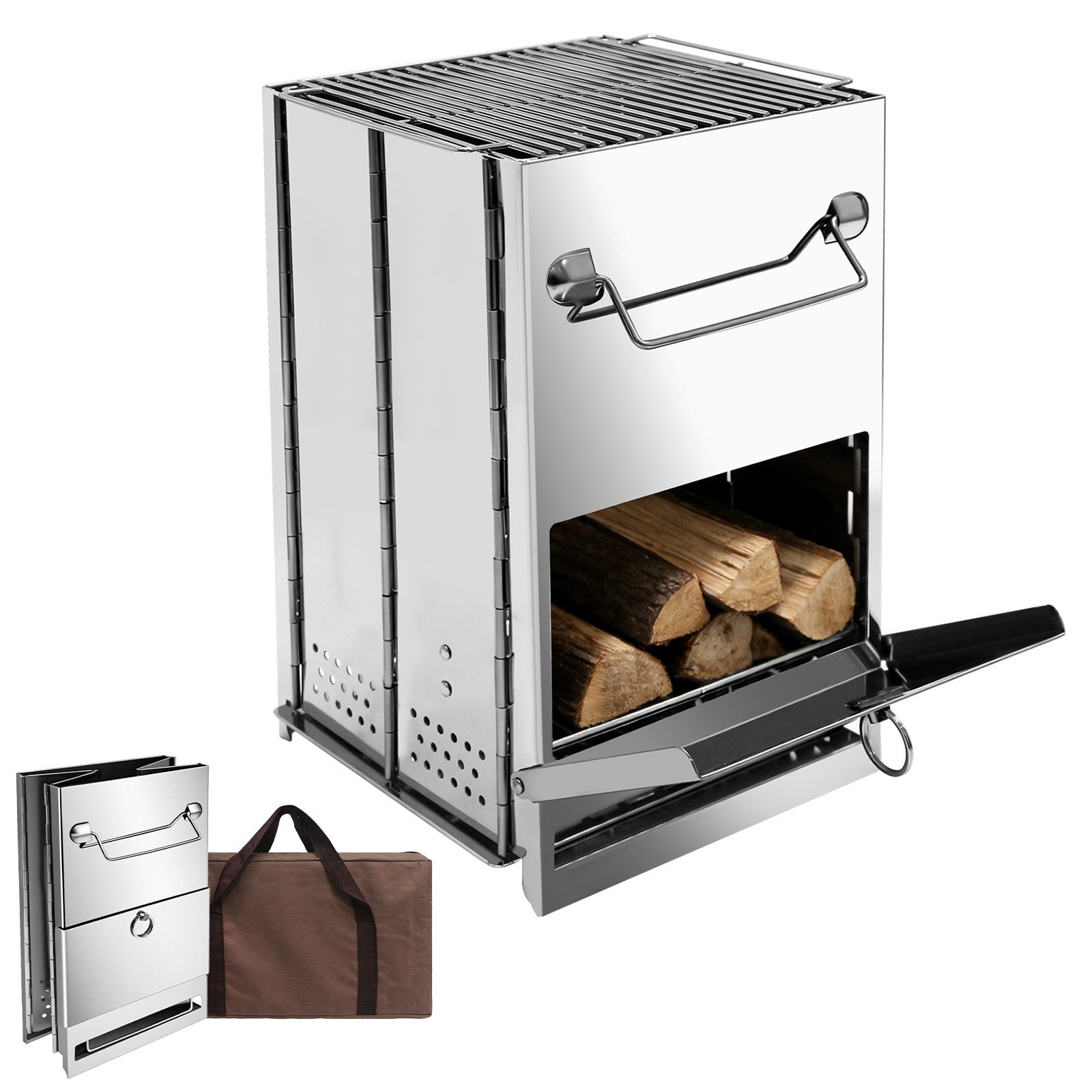 SunJas Holzkohlegrill Edelstahl Campinggrill klappbar Camping Holzofen, Faltbarer Camping Backofen, Edelstahl tragbar Campingofen, tragbarer faltbarer Holzofen mit Tragetasche, für Outdoor-Aktivitäten, Wandern, Picknick und Grillen