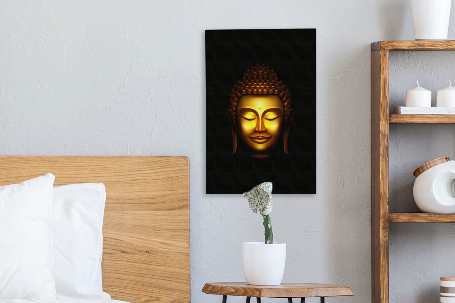 (1 - Gemälde, Buddha OneMillionCanvasses® inkl. bespannt St), Gold, 20x30 Leinwandbild Kopf - Zackenaufhänger, cm fertig Leinwandbild