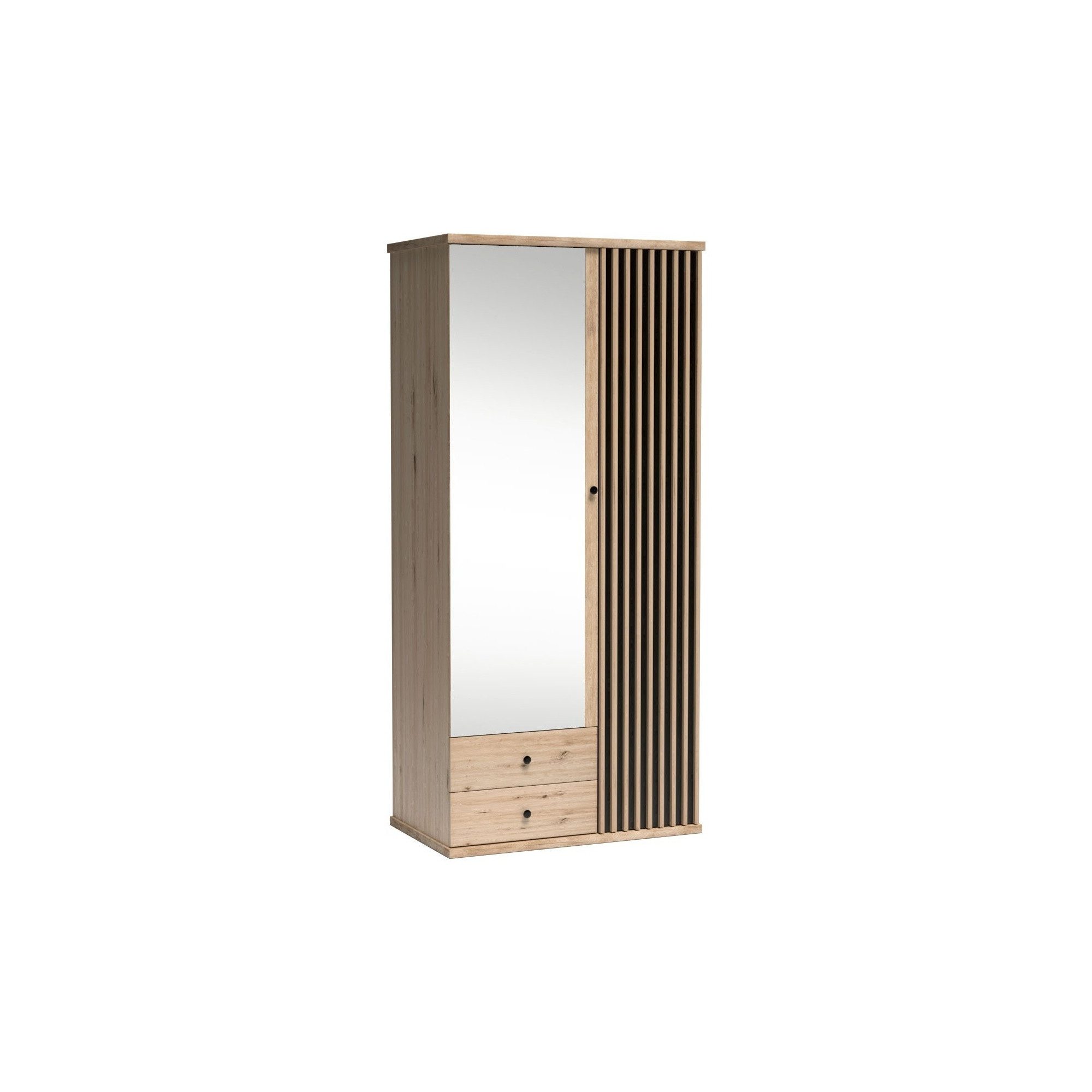 Raumhirsch Furniture Kleiderschrank Garderobenschrank, Schrank mit Spiegel, Drehtürenschrank (Maße: 100 x 60 x 213 cm (Loft-Design, Lamellenfront) 2 Schubladen, Artisan-Eiche Optik, Metallgriffe, ABS-Kanten