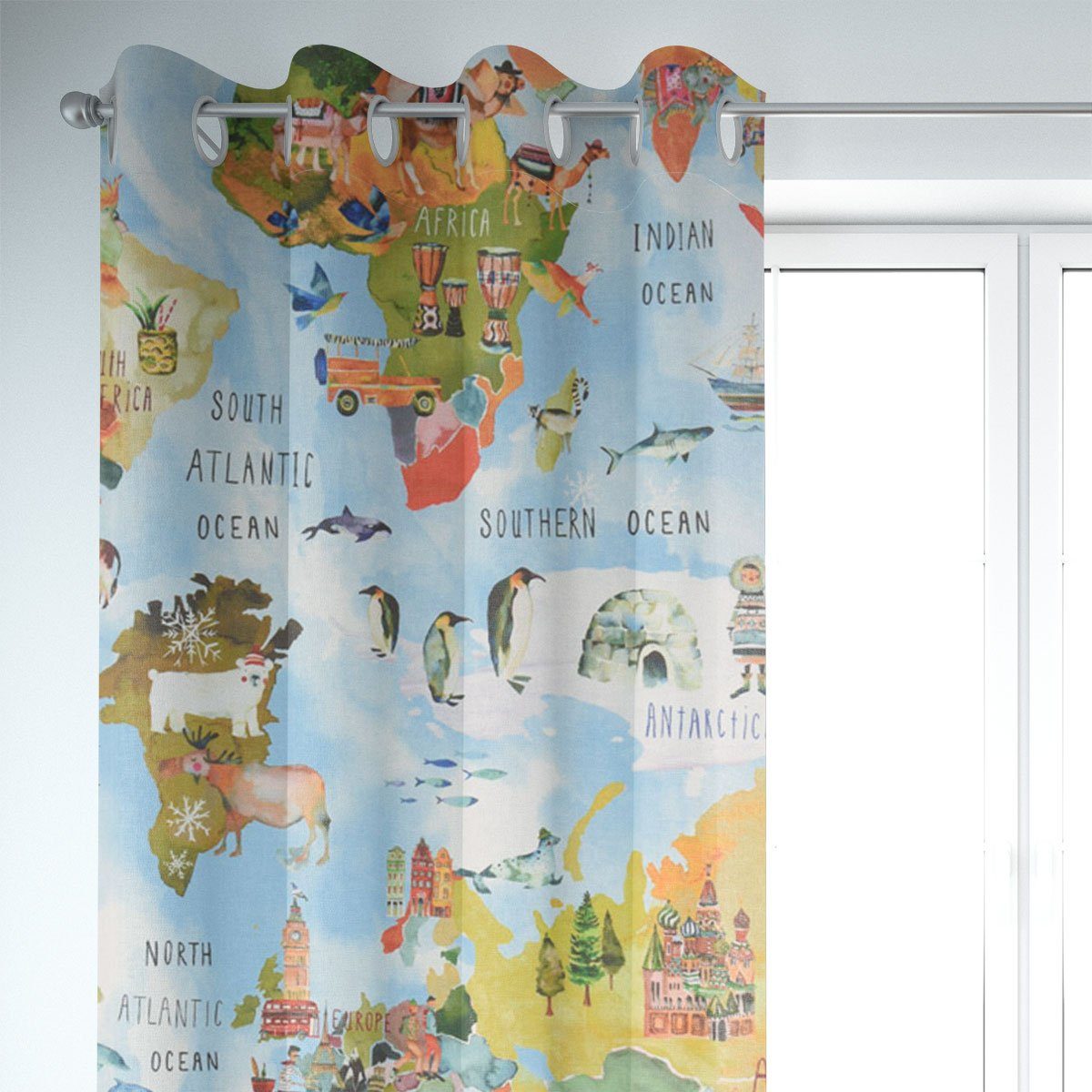 SCHÖNER LEBEN. Vorhang Gardine Adventure Rainbow Weltkarte bunt 245cm, Ösen, blickdicht, Baumwolle, made in Germany,handmade,vorgewaschen