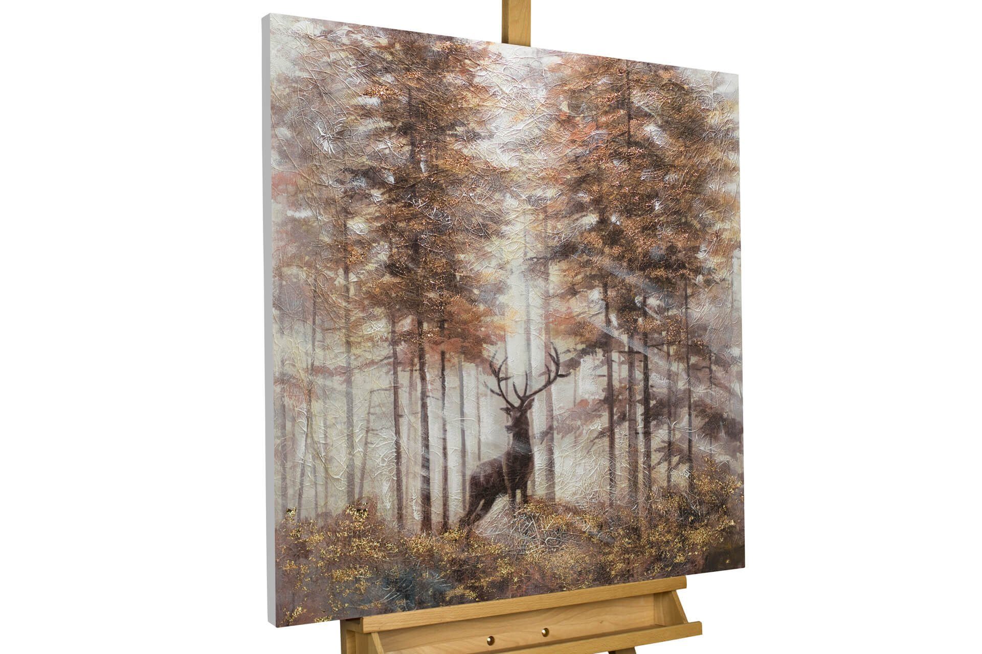 KUNSTLOFT Gemälde König der Hirsche 80x80 cm, Leinwandbild 100% HANDGEMALT Wandbild Wohnzimmer
