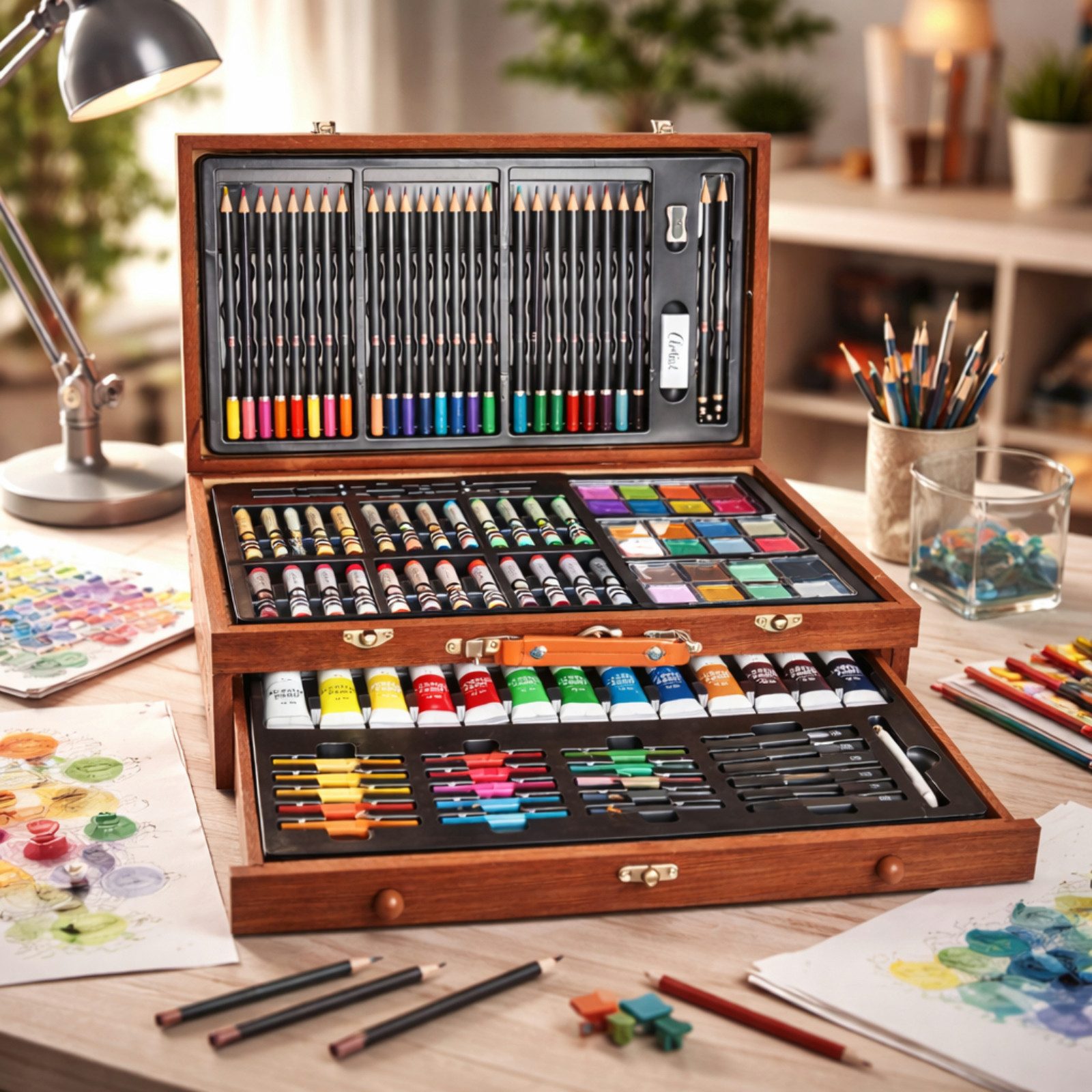 Koopman Kreativset Malset Zeichenset Koffer Holz 112tlg, (Set, 112-tlg., Packung), Buntstifte, Graphitstifte, Wachsmalkreide, Tuschfarbe, Pinsel