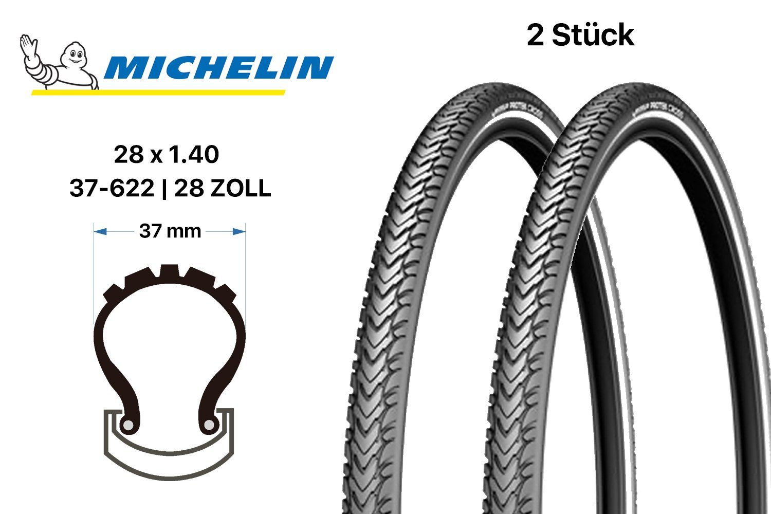 Reifen Fahrradreifen Zoll MICHELIN Michelin 28 Pannenschu Stück 2 Cross 37-622 Protek Fahrrad