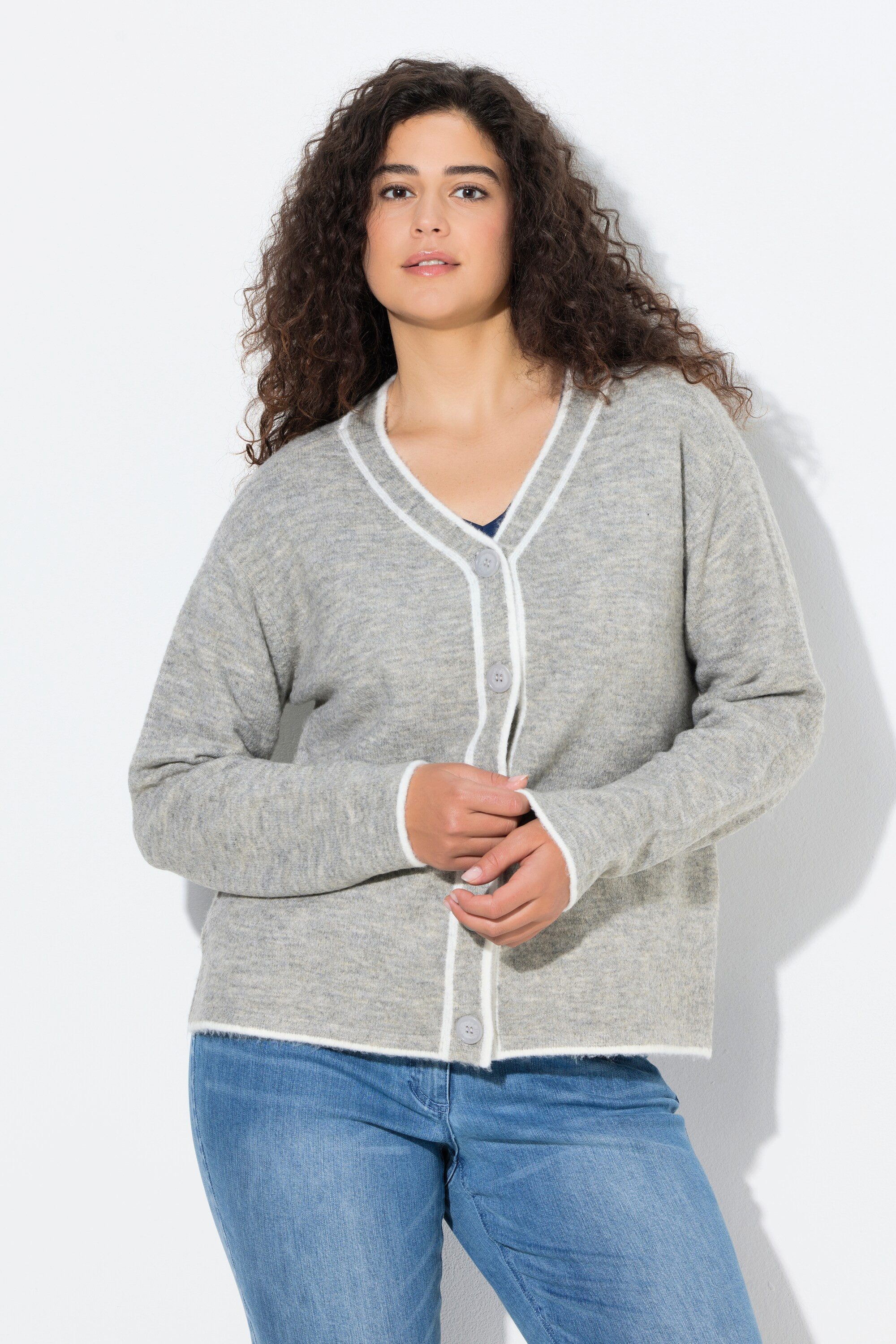 Ulla Popken Strickjacke Strickjacke Kontrastnaht V-Ausschnitt Langarm günstig online kaufen