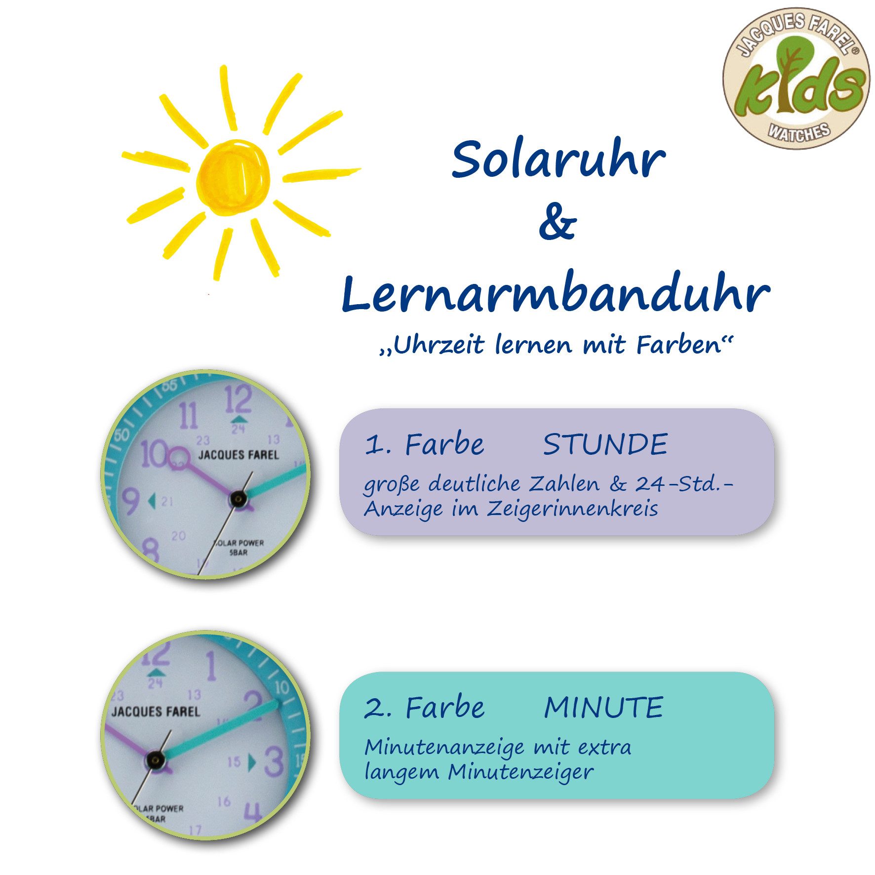 Jacques Farel Solaruhr ORSO Kinder Armbanduhr Solar Baumwollband, analog nachhaltig Geschenkidee Einschulung Kids Ø 30 mm