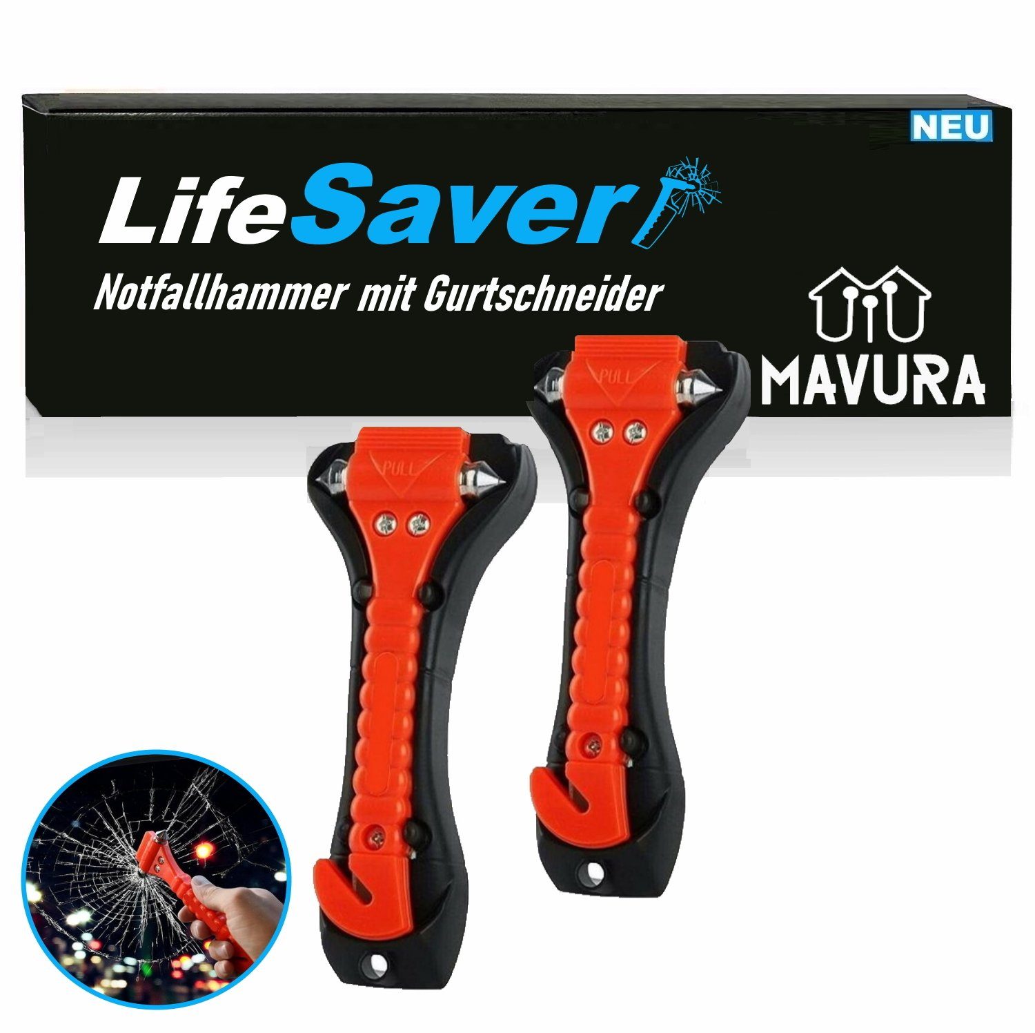 MAVURA Hammer Nothammer Gurtschneider Set] Lebensretter LifeSaver Notfall, [2er Hammer Notfallhammer Glasbrecher