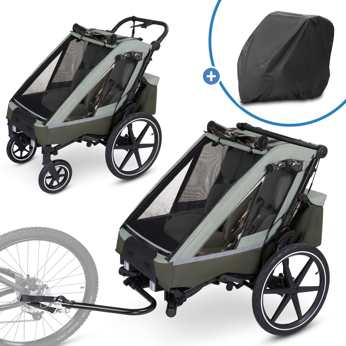 ABC Design Fahrradkinderanhänger Tour 2 - Olive, Fahrradanhänger Kinderwagen & Jogger für 2 Kinder mit Faltgarage