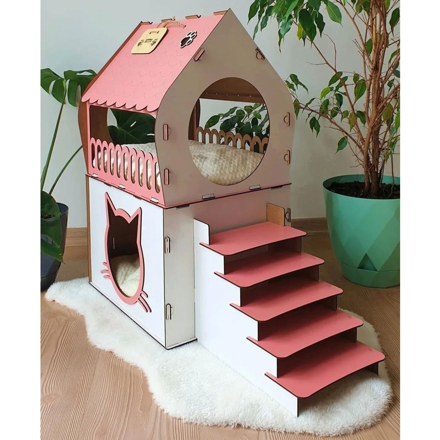 Jungengel Tierhaus XL Katzenhütte Katzenhaus Rosa Pink Holz Katzenhöhle Katzenbett, XL 65×70×30 cm, Einfache Montage mit Anleitung, Robust & Hingucker!