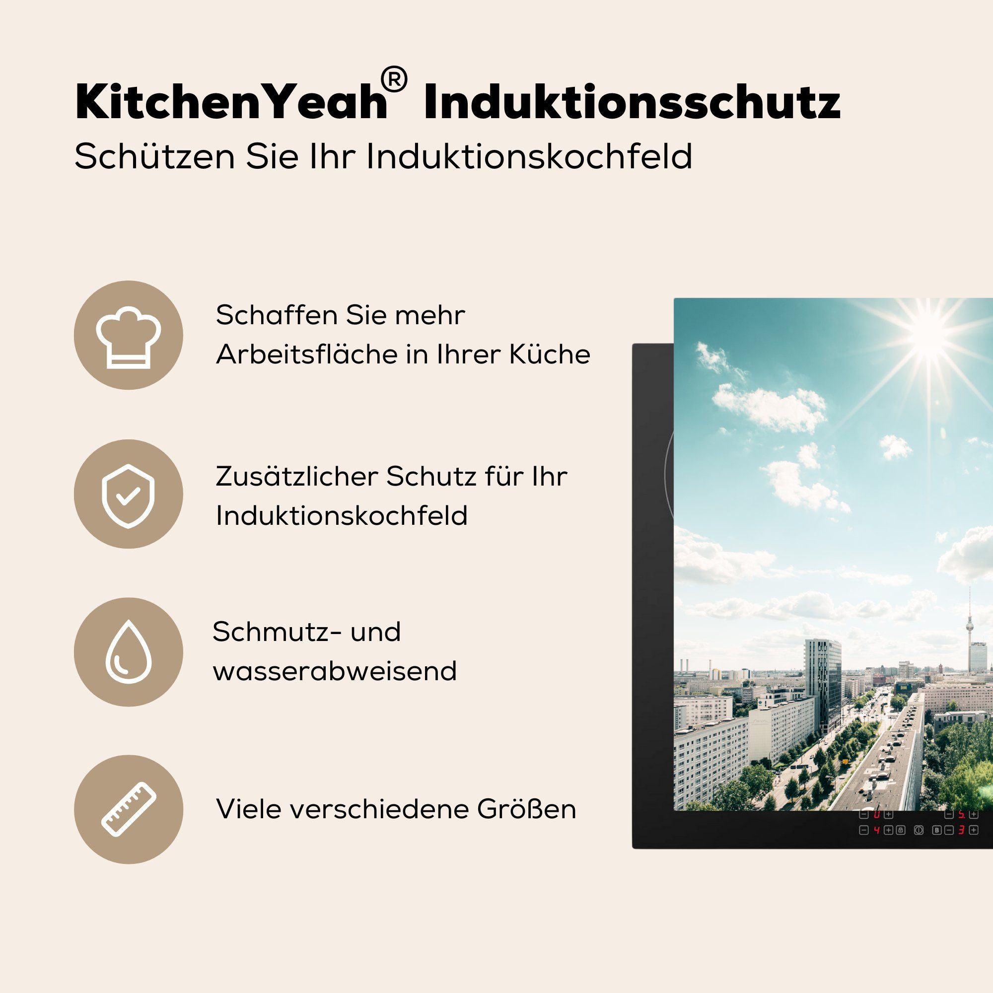 MuchoWow Herdblende-/Abdeckplatte küche, (1 - Berlin für die - Straße, 59x52 Ceranfeldabdeckung Induktionsmatte Sonne Vinyl, tlg), cm,