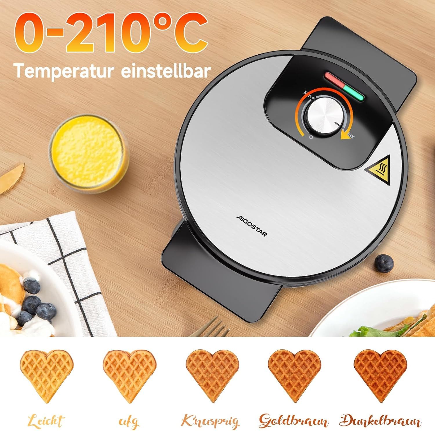 Aigostar Waffeleisen für 5 Herz-Waffeln, 1000W, Antihaft-Platten, Einstellbarer Temperatur, 1000 W, LED-Anzeige, Cool-Touch-Griff, kompaktes Edelstahl-Design, BPA frei