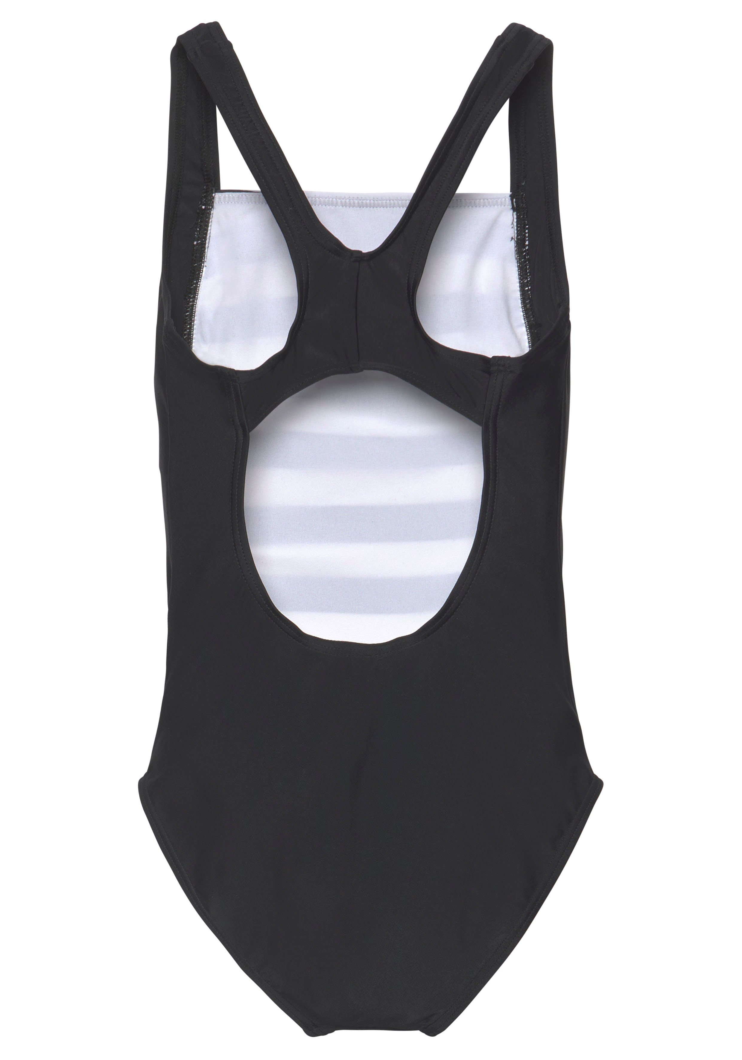 Streifen Badeanzug trendigen mit schwarz-weiß Bench.