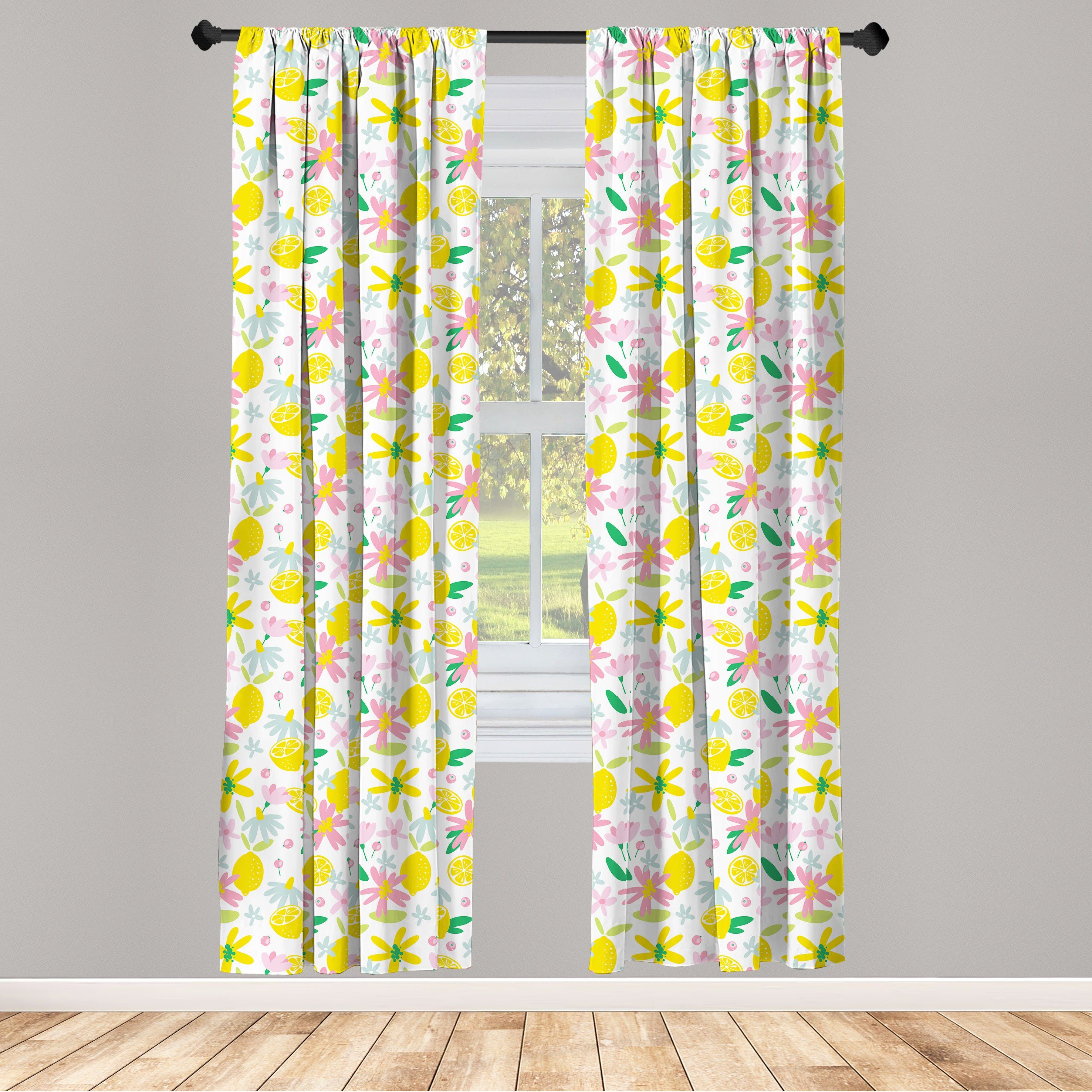 Gardine Vorhang für Wohnzimmer Schlafzimmer Dekor, Abakuhaus, Microfaser, Sommer Blumen und Zitronen | Fertiggardinen