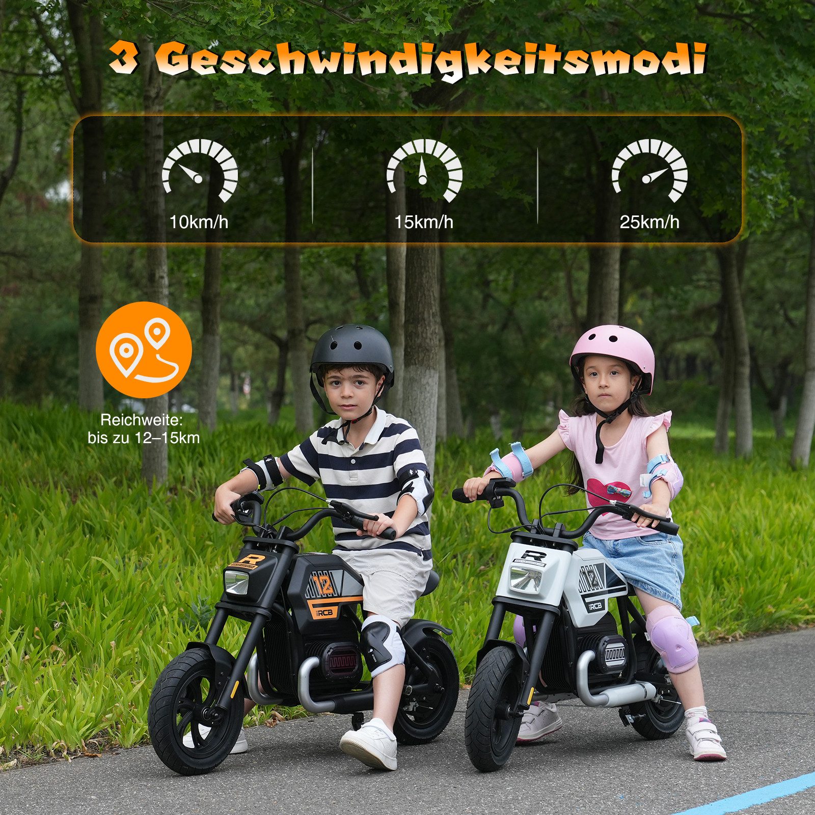 RCB TECH Elektro-Kindermotorrad R9 mit Bluetooth, 12-Zoll Reifen, 3 Stufen-10kmh/15kmh/25kmh, bis 15KM, Belastbarkeit 80 kg, Vorderlicht für mehr Sicherheit & spaßige Lichteffekte