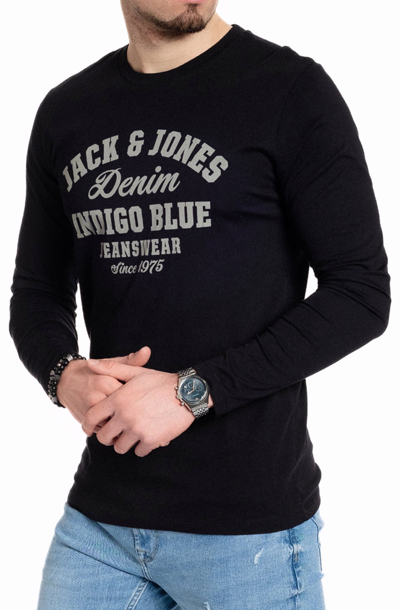 Jack Baumwolle, Langarmshirt vorne aus & Print mit Jones BlackOPT4-Grey