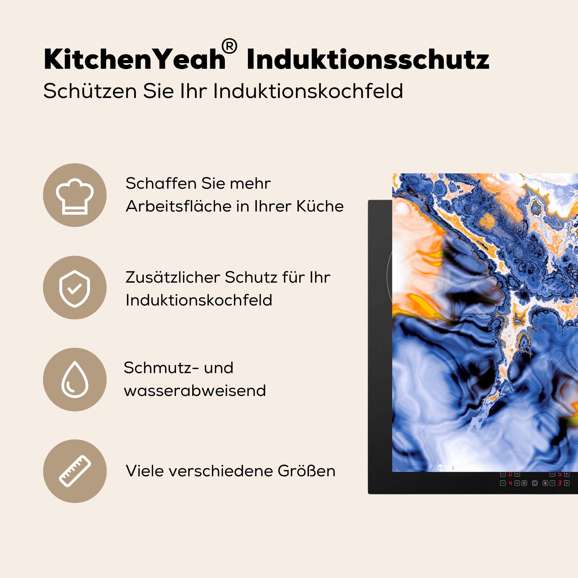 - Blau, Vinyl, Ceranfeldabdeckung - tlg), die 81x52 cm, küche, MuchoWow (1 für Induktionskochfeld Schutz Herdblende-/Abdeckplatte Orange Marmor