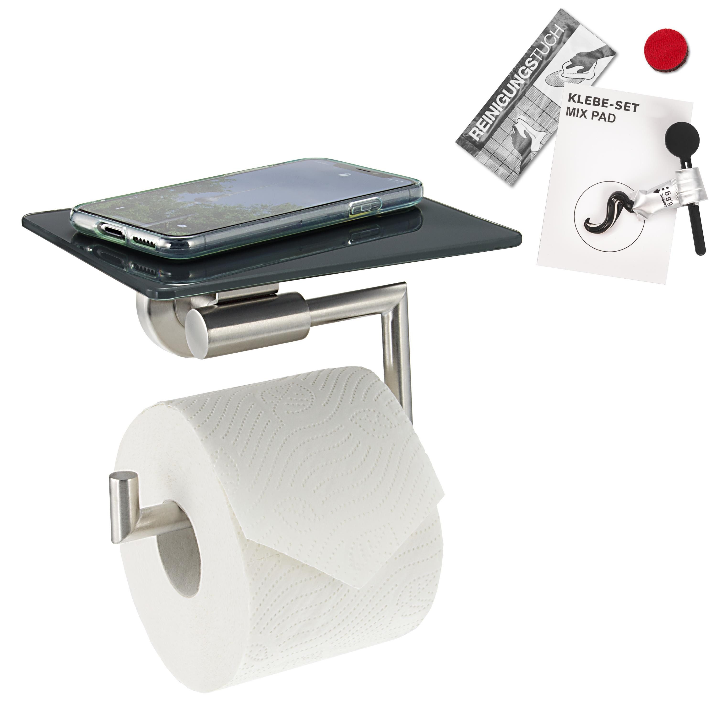 bremermann Toilettenpapierhalter Bad-Serie PIAZZA - mit Glasablage inkl. Klebeset, Edelstahl