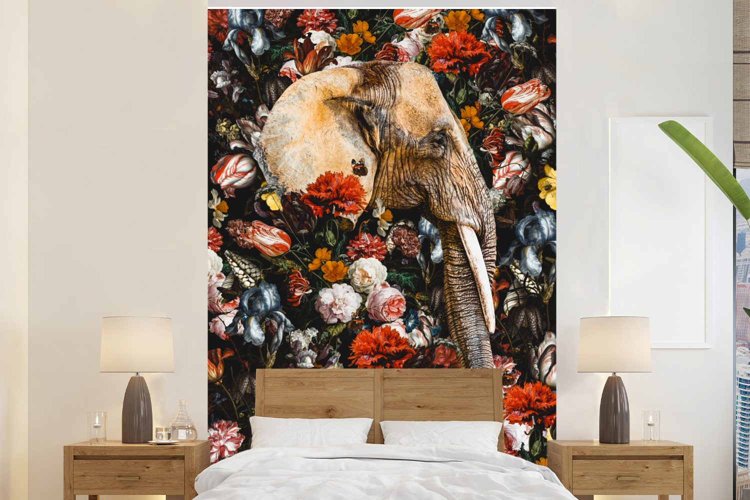 Tapete Blumen St), Elefant - Wandtapete bedruckt, für Fototapete Vinyl Montagefertig (3 - Wohnzimmer, Illustration, MuchoWow Matt,