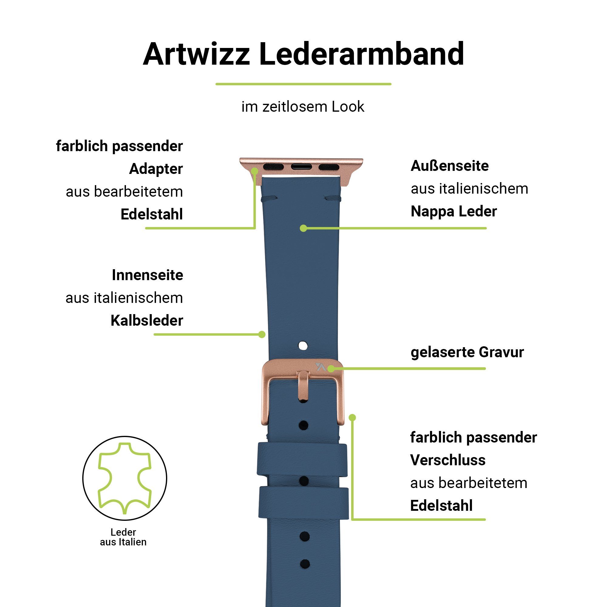 Artwizz Smartwatch-Armband 9-7 Armband Adapter, & Apple 3-1 (41mm), Blau, (40mm), WatchBand Leather, (38mm) Watch Leder mit SE 6-4 Series