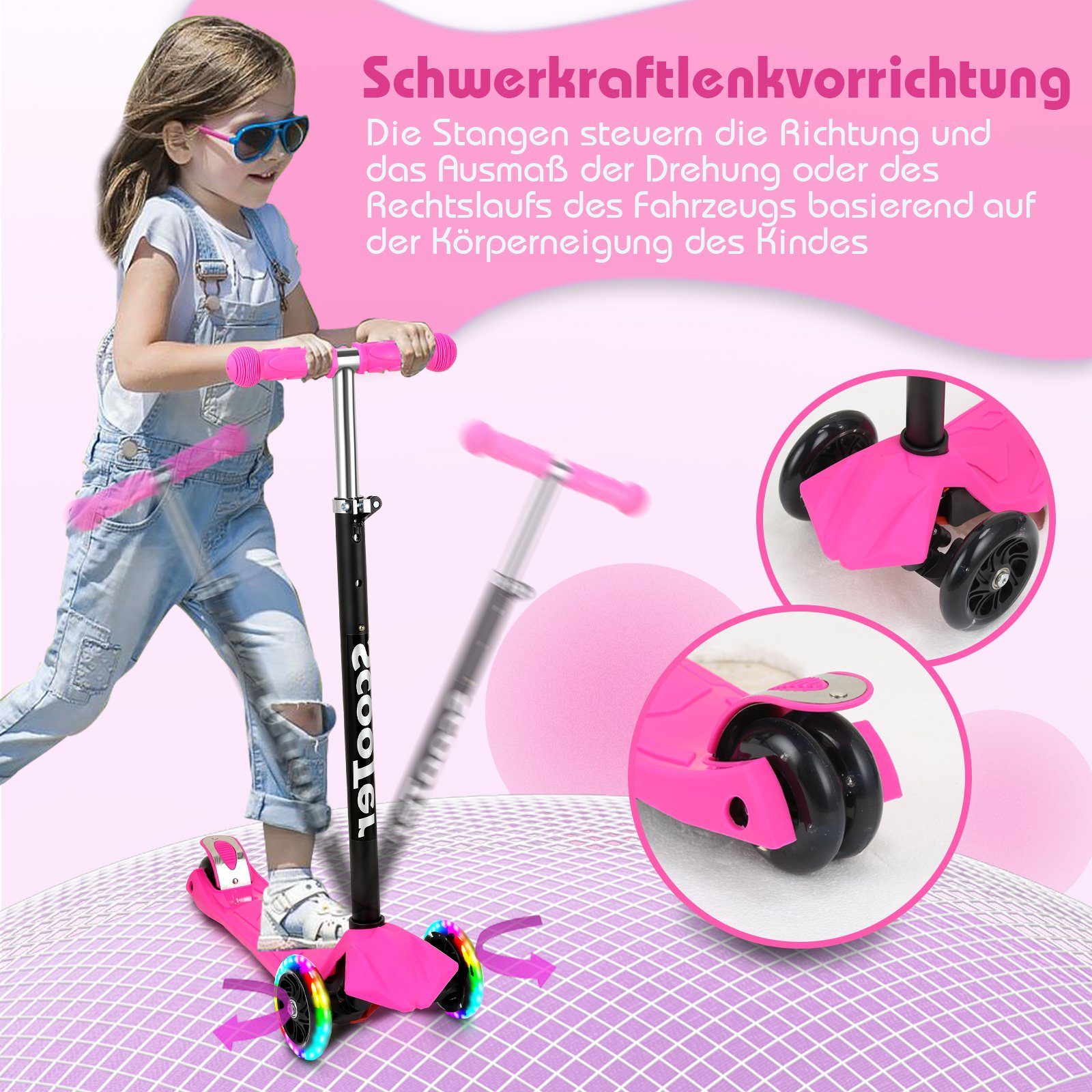 Kinderroller bis 50 LED-Räder kg Rosa Höhenverstellbar Scooter Clanmacy Tretroller