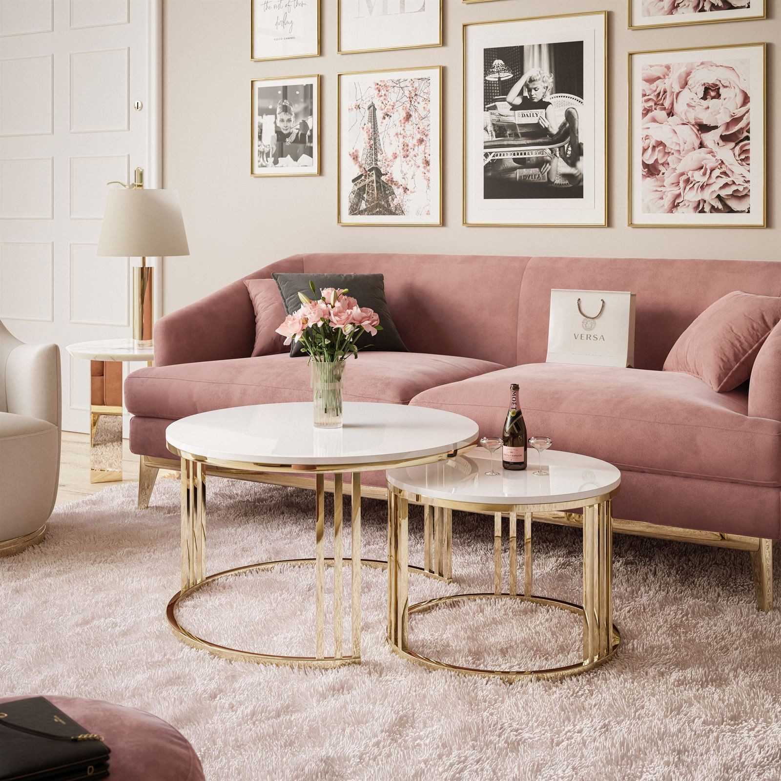 Lookway Couchtisch LORI 2in1 runder Couchtisch mit gold chrom Gestell (2er günstig online kaufen