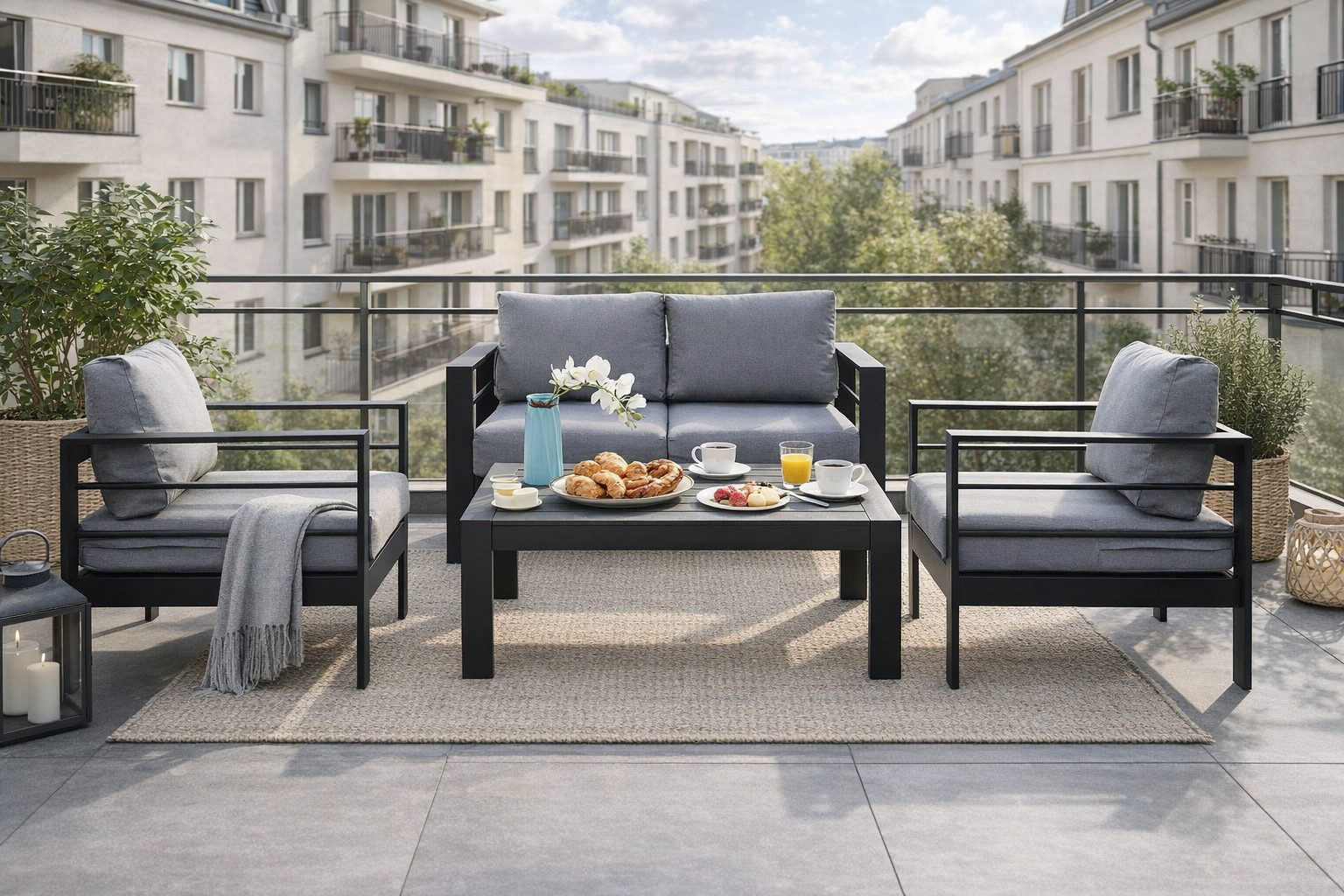 MeXo Gartenlounge-Set XXL Gartenmöbel Set Aluminium Outdoor, (Balkonmöbel für Kleinen Balkon, 4-tlg., 1×2-Sitzer Sofa, 2×Sessel, 1×Tisch, 8×Auflagen), wetterfest Sitzgruppe Essgruppe Gartengarnitur für 3-4 Personen