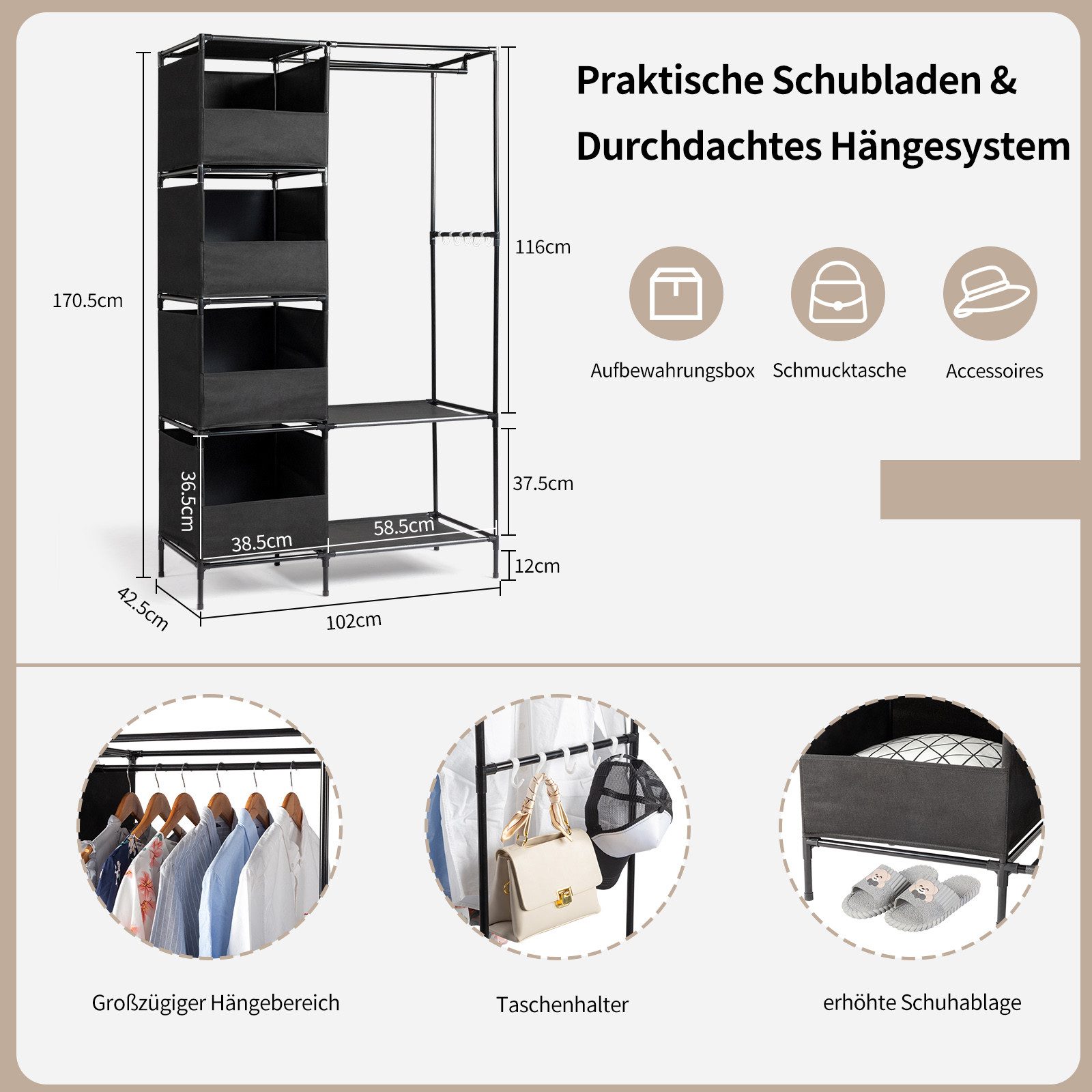 HT Stoffschrank Kleiderschrank aus Vliesstoff, 170x102x42,5cm 4-stufiger zweireihiger Hängeschrank mit Vorhängen und Ablagefächern – Bild 2 von 5