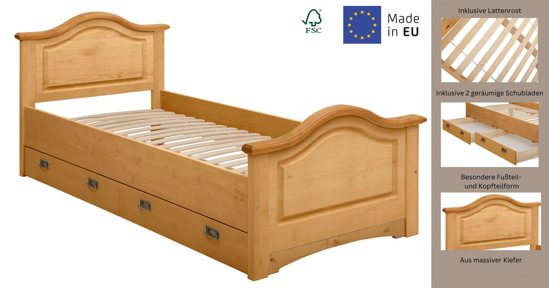 OTTO home Massivholzbett Konrad, Stauraumbett, Messinggriffe, rustikaler Landhausstil, mit FSC®-zertifiziertem Massivholz, Liegehöhe 40 cm
