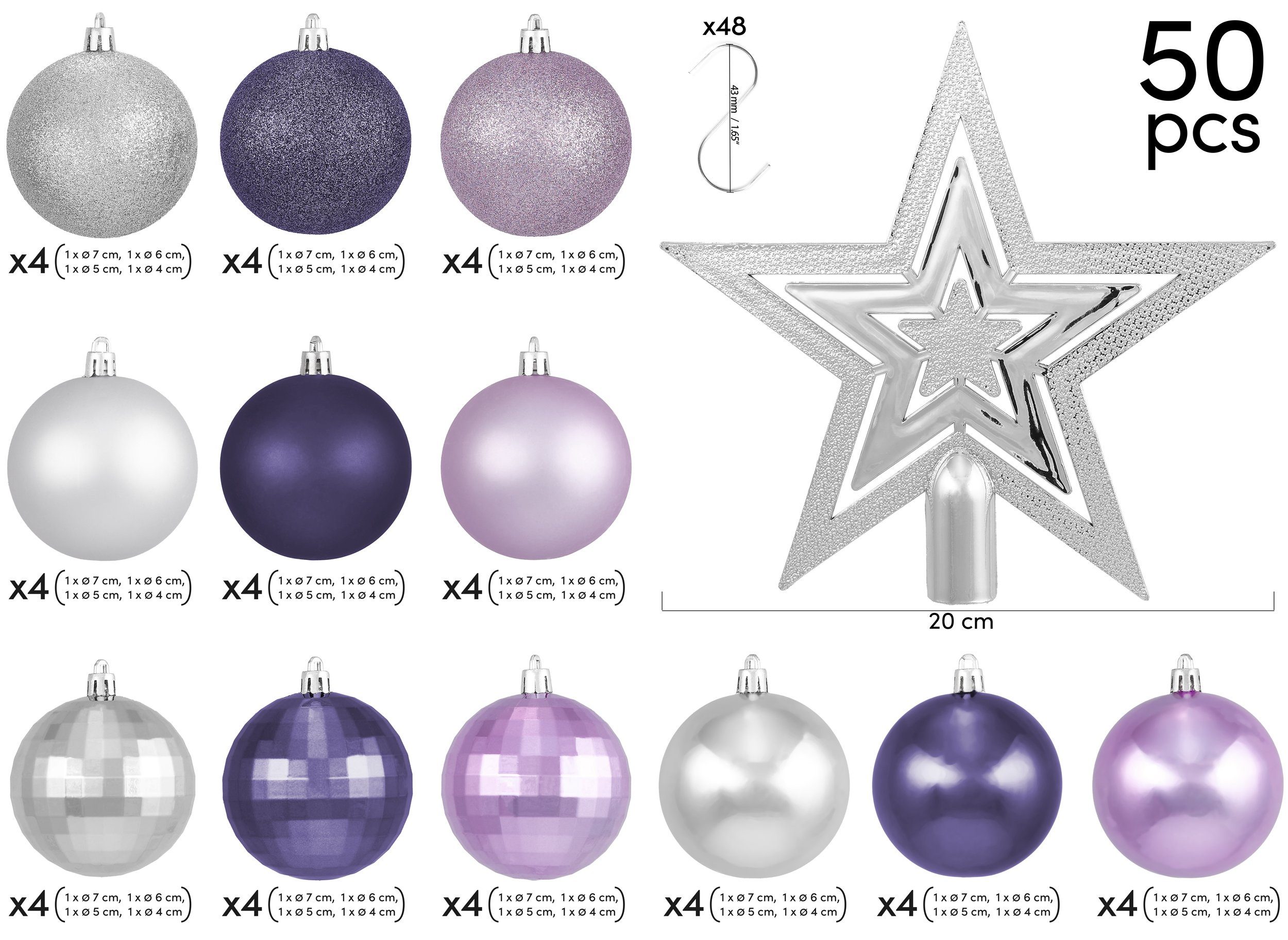BRUBAKER Weihnachtsbaumkugel 50-teiliges Weihnachtskugel-Set mit Baumspitze, Christbaumschmuck aus Kunststoff, Weihnachtsdekoration edel und robust