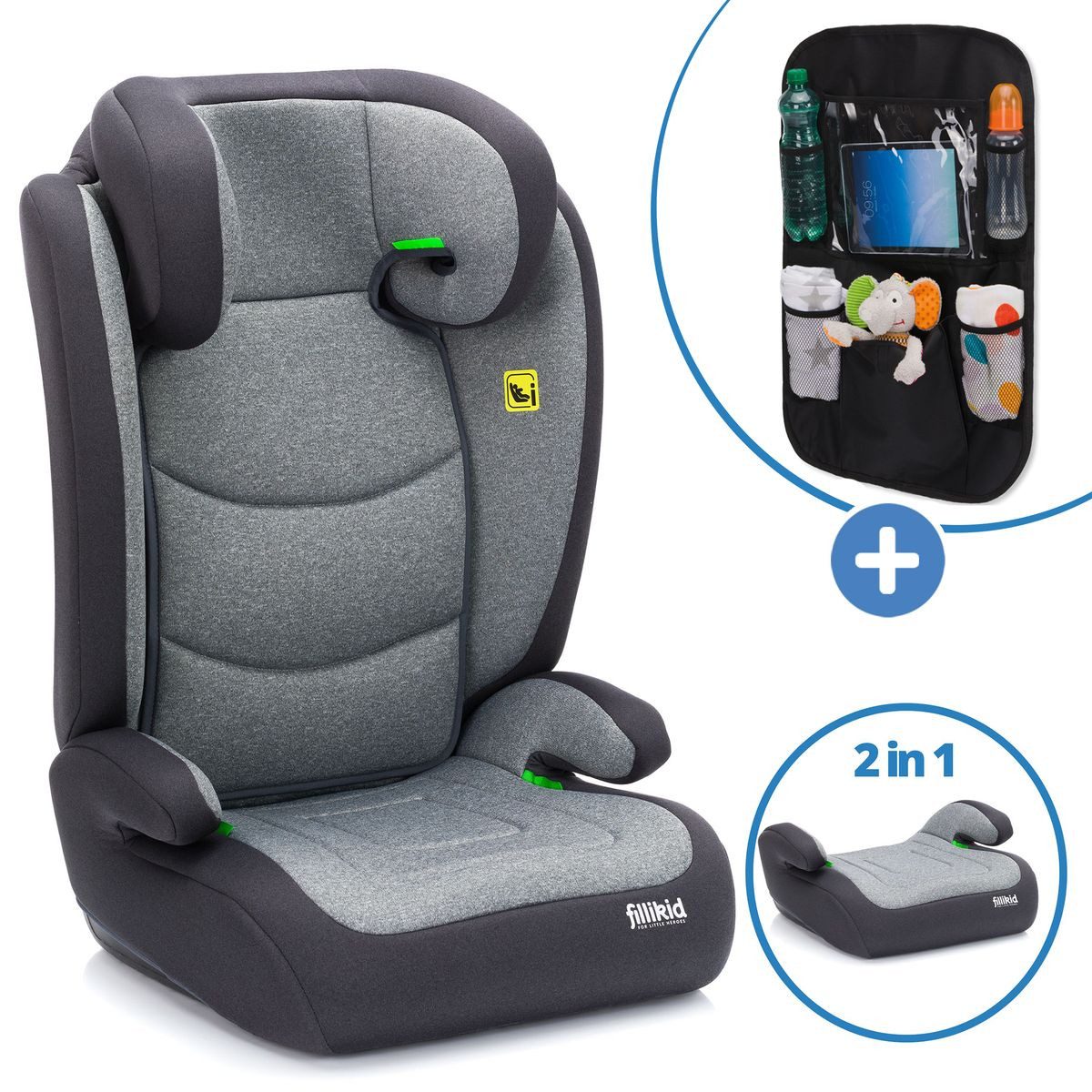 Fillikid Autokindersitz Lea i-Size - Grau, Kindersitz ab 3 Jahre - 12 Jahre (100 cm - 150 cm) mit Auto-Sitztasche