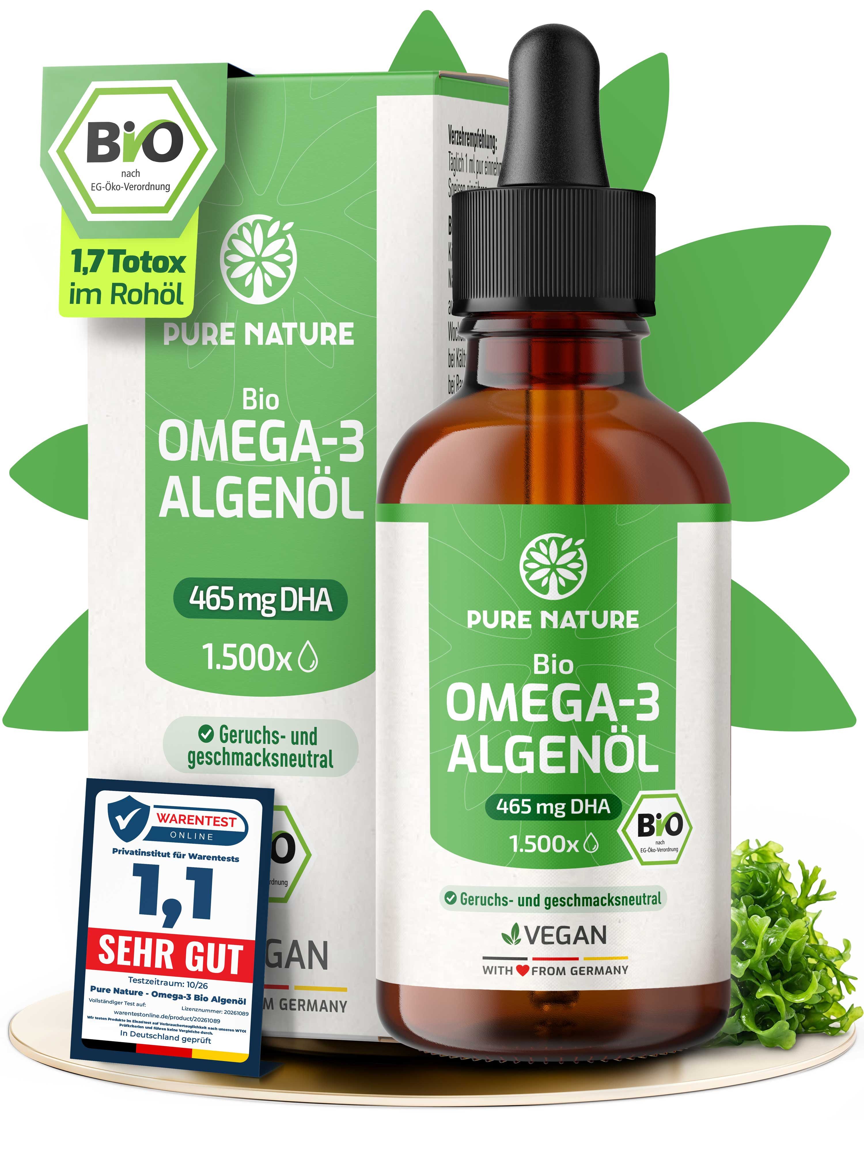 Pure Nature Omega 3 Algenöl Bio - 465mg DHA pro Tagesdosis Tropfen, 50 ml