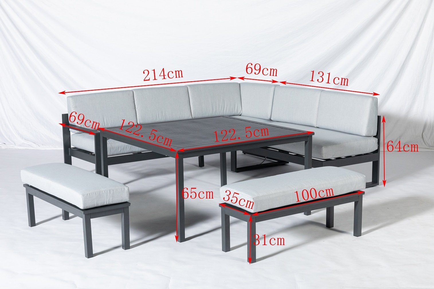Gardissimo Gartenlounge-Set Vegas Lounge / Gartenmöbelset / Dining Eck Lounge, (Spar-Set, 4-tlg., Alu, Ecklounge, Esstisch, 2 Bänke, inkl. Auflagen), UV-beständig