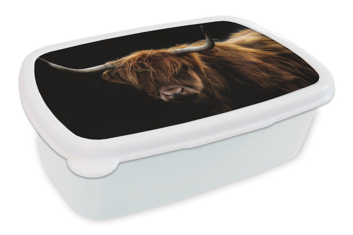MuchoWow Lunchbox Schottischer Highlander - Hörner - Schwarz - Tiere - Natur - Wild -, Kunststoff, (2-tlg), Brotbox für Kinder und Erwachsene, Brotdose, für Jungs und Mädchen weiß | Lunchboxen