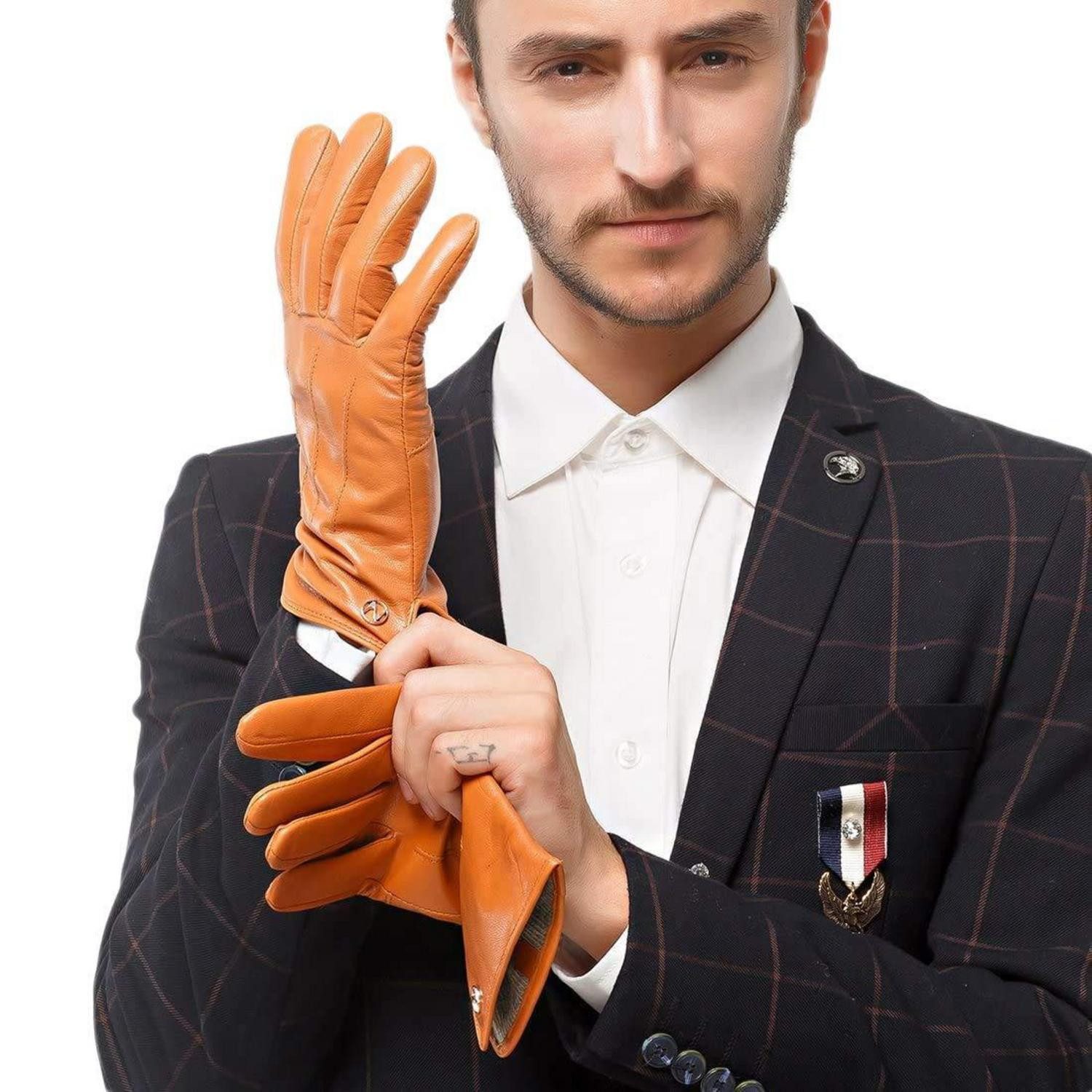 LuxusKollektion Lederhandschuhe Herren Lederhandschuhe Winter Fleecefutter Tan L (1-St)
