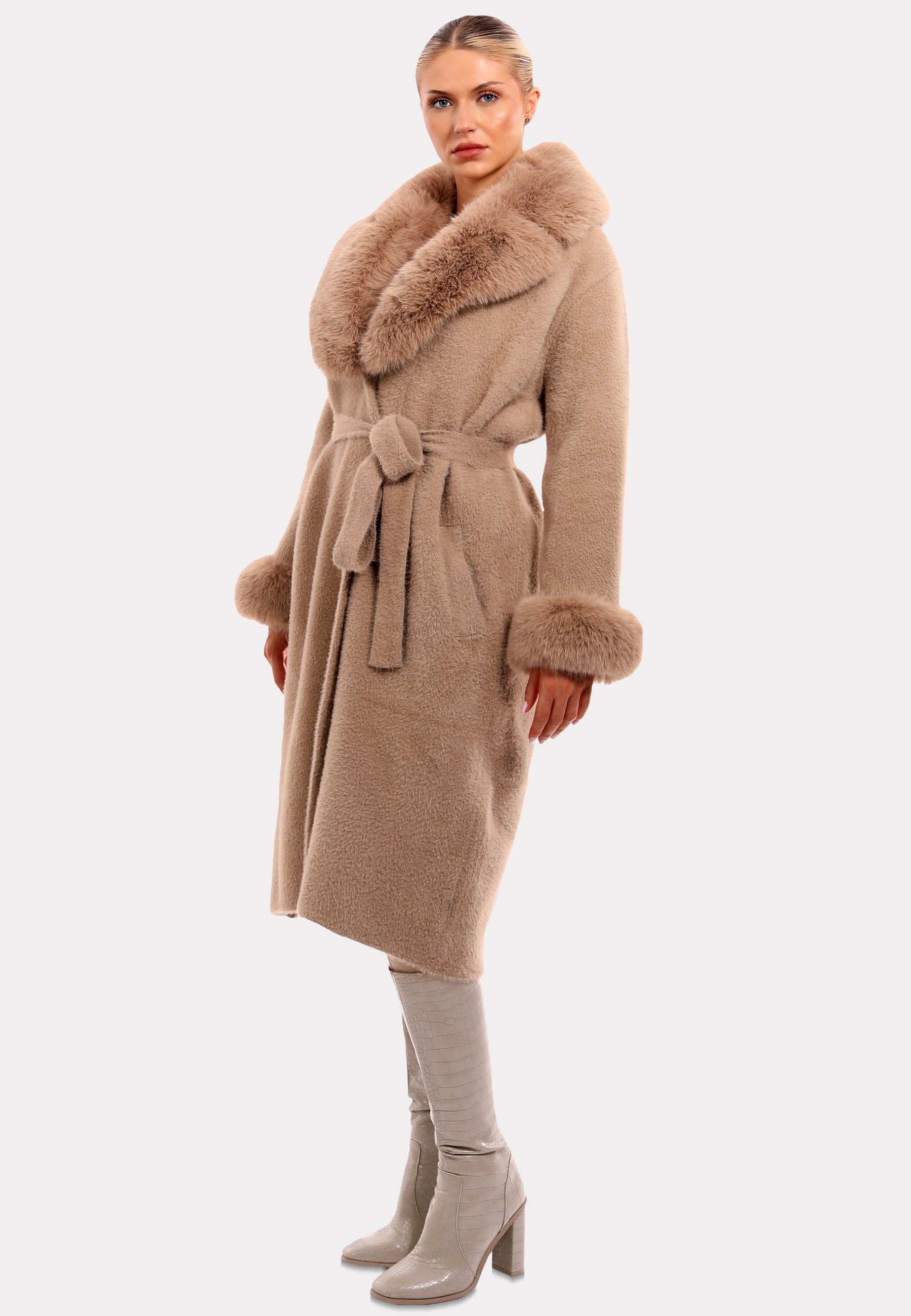 YC Fashion Mantel beige mit & "Exquisiter Style luxuriösem Kunstpelz-Details" Poncho