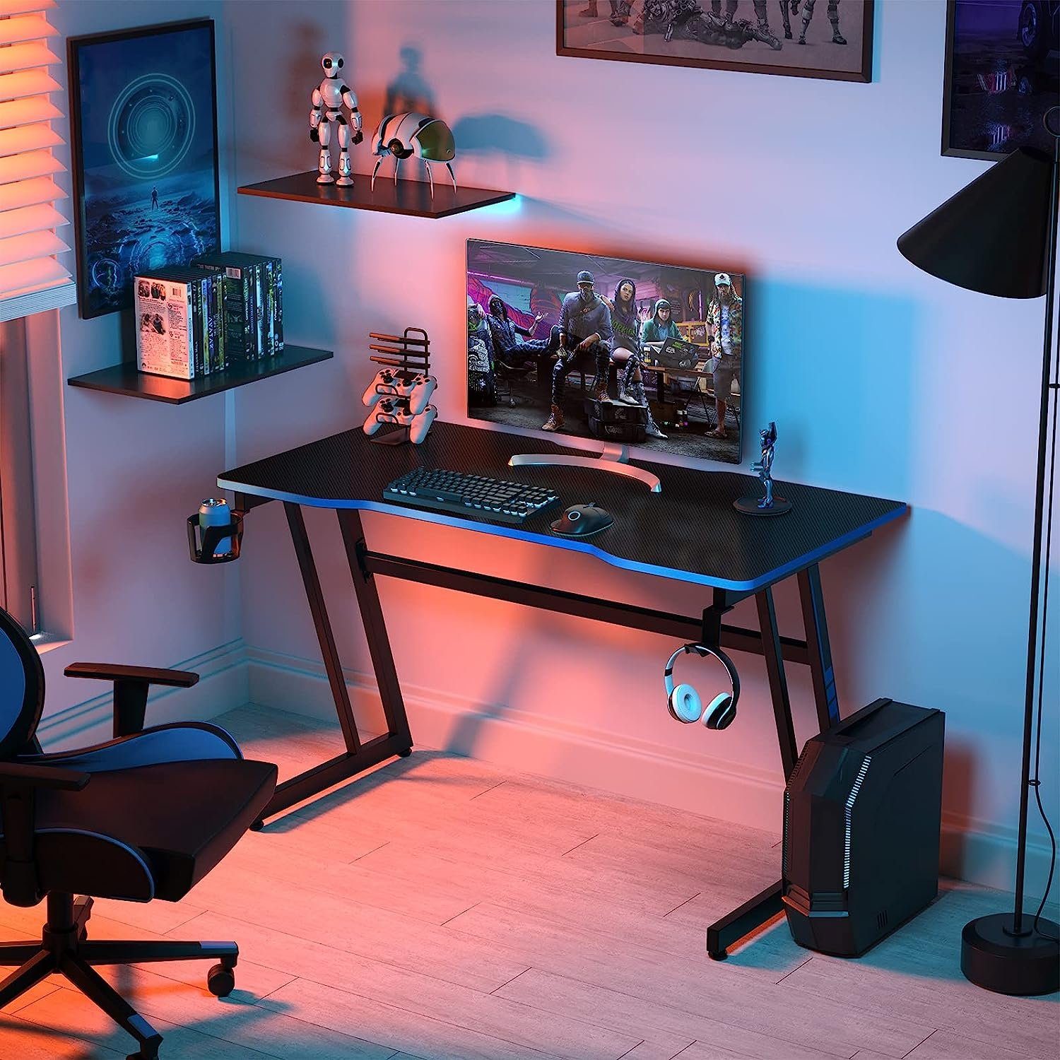 KOMFOTTEU Gamingtisch Computertisch, blau+schwarz PC-Tisch Metall, aus 120 & 60 Holz × cm