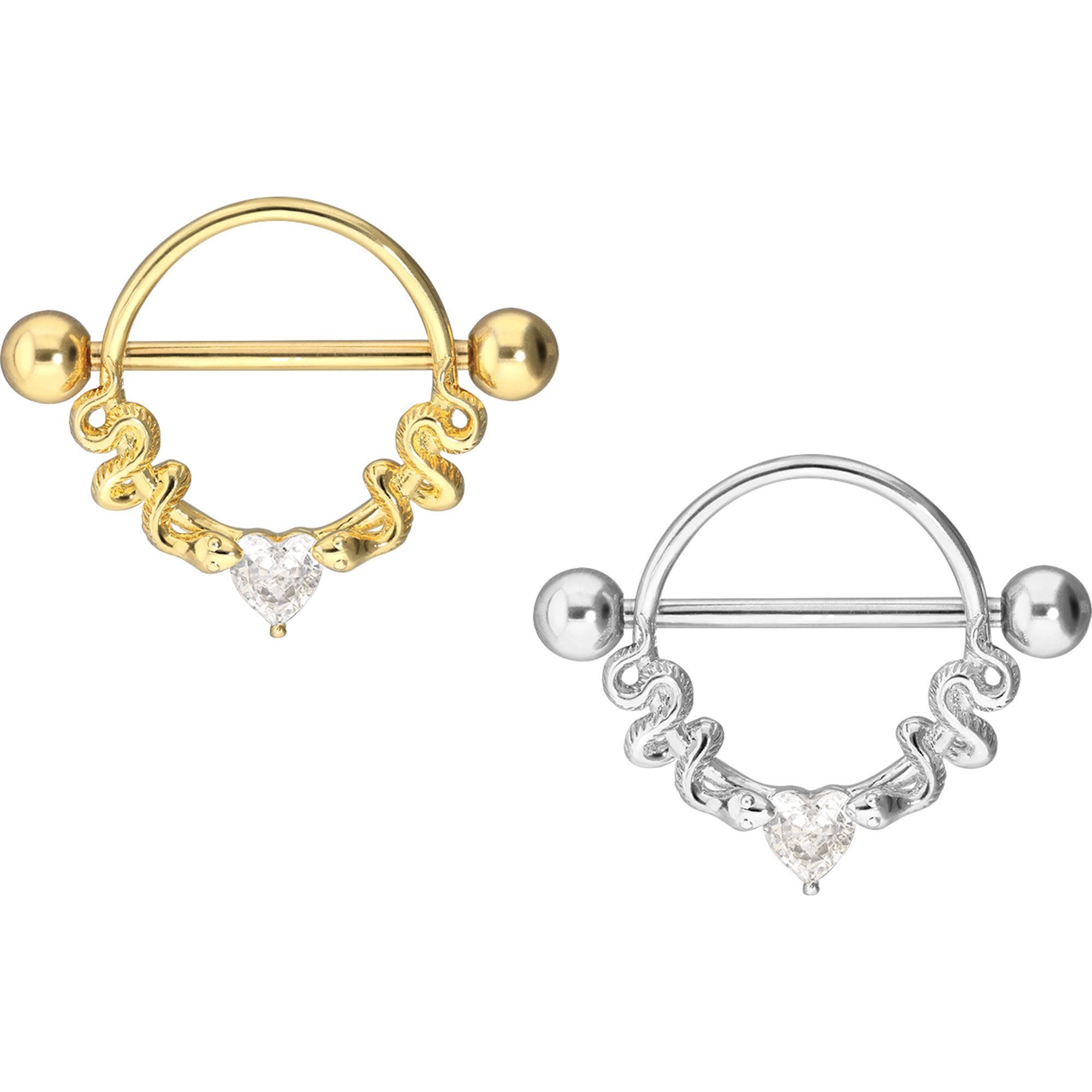 PIERCINGLINE Brustwarzenpiercing Chirurgenstahl Nippelpiercing KRISTALLHERZ + 2 SCHLANGEN (Barbells, 1-tlg), Brust-, Nippel-Piercing, Chirurgenstahl