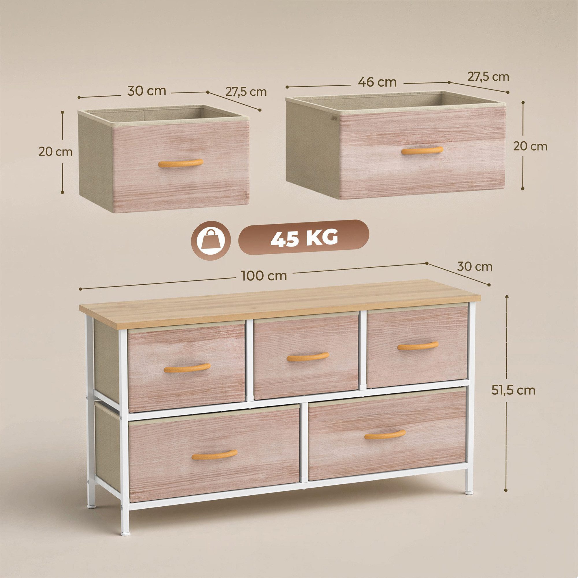 HOMCOM Kommode 5 Schubladen Stoff Schubladenschrank mit Metallrahmen Naturholz (Schrank, 1 St., Aufbewahrungsschrank), für Wohnzimmer, Schlafzimmer, 100x30x51,5 – Bild 3 von 5