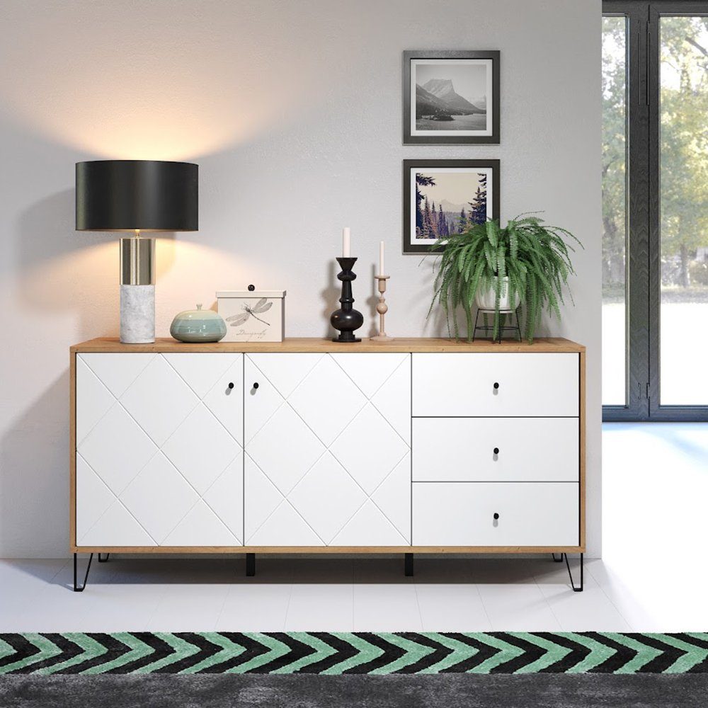 trendteam Anrichte Touch, Sideboard Kommode Schrank Artisan Eiche Weiß matt