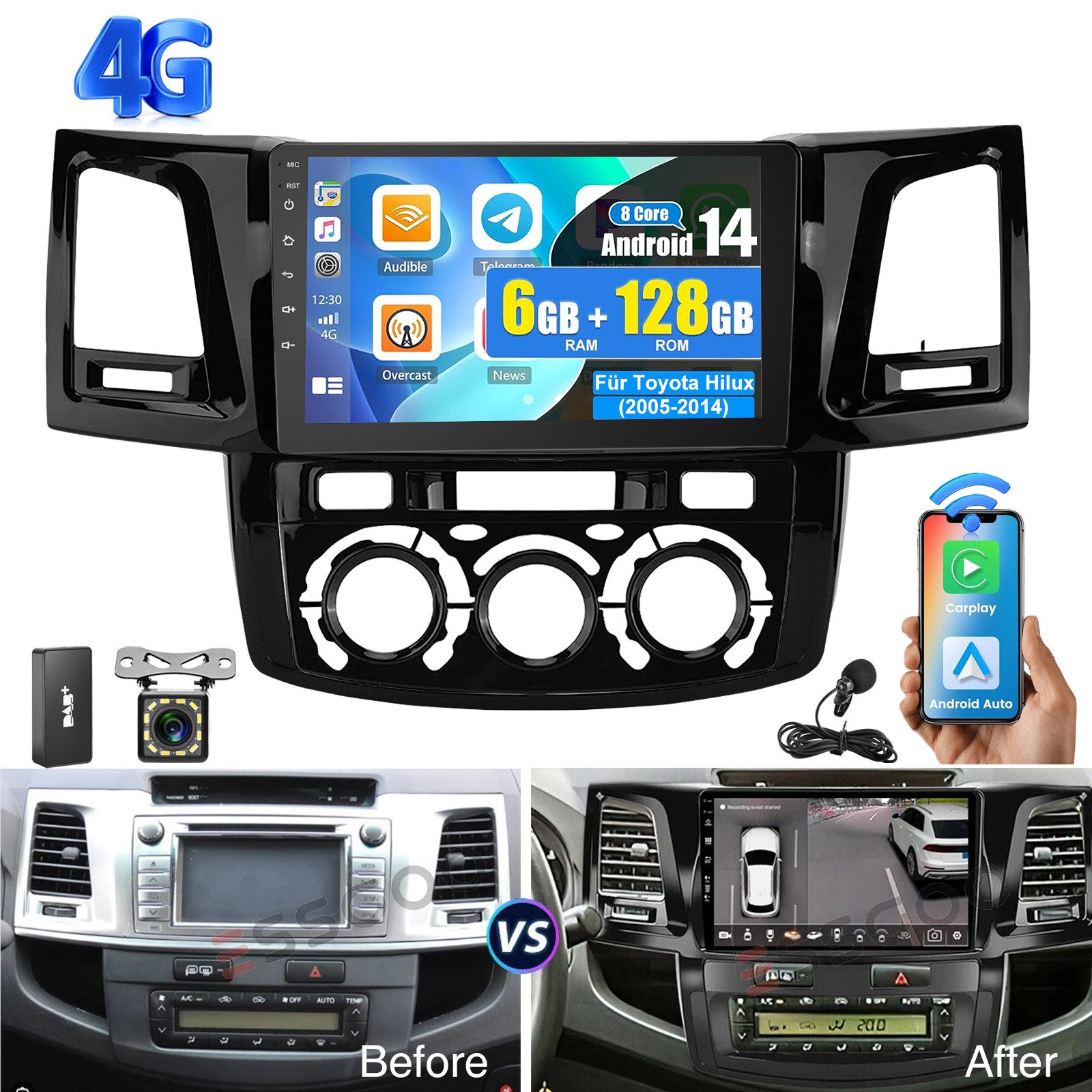 ESSGOO 6+128G Für Toyota Hilux 2005-2014 Android 15 CarPlay USB Type-C Autoradio (RDS, 6GB+128GB, 4G LTE, DAB (optional), DAB+ (optional), Apple Carplay Android Auto GPS Navi WIFI BT EQ)