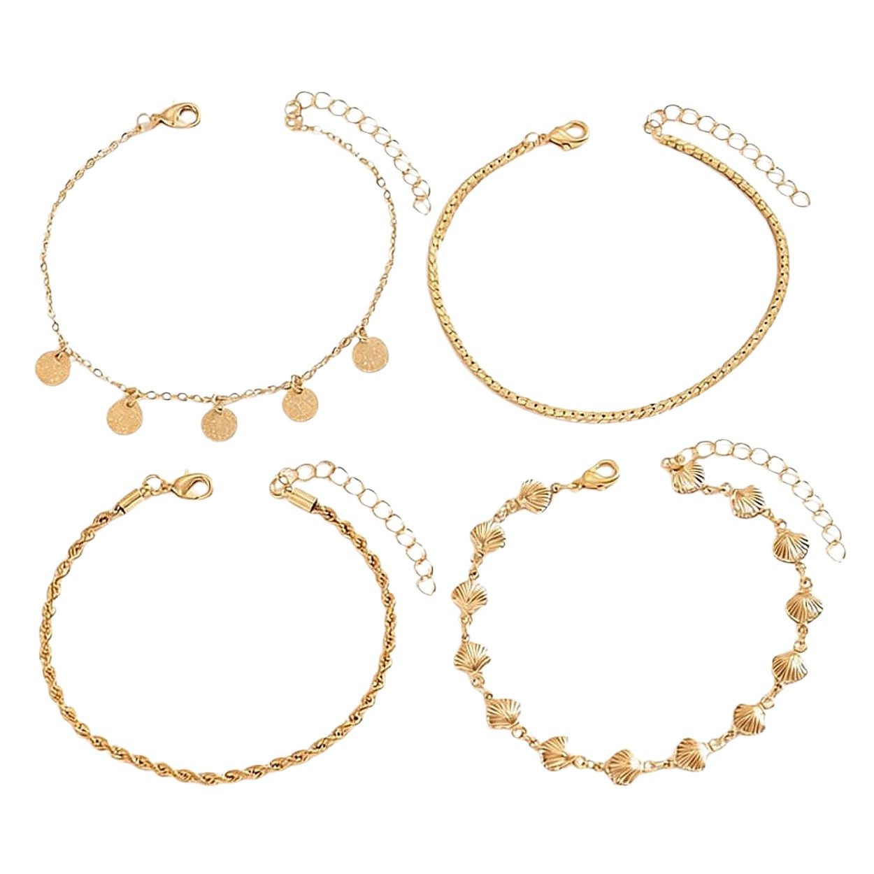 KARMA Fußketten Set 4er Set Gold Schmuckset modern vergoldet (wasserfest hypoallergen rostfrei, 4-tlg., Abendmode Accessoires Fußkettenset), Fußkettchen Fußschmuck Urlaub Strand