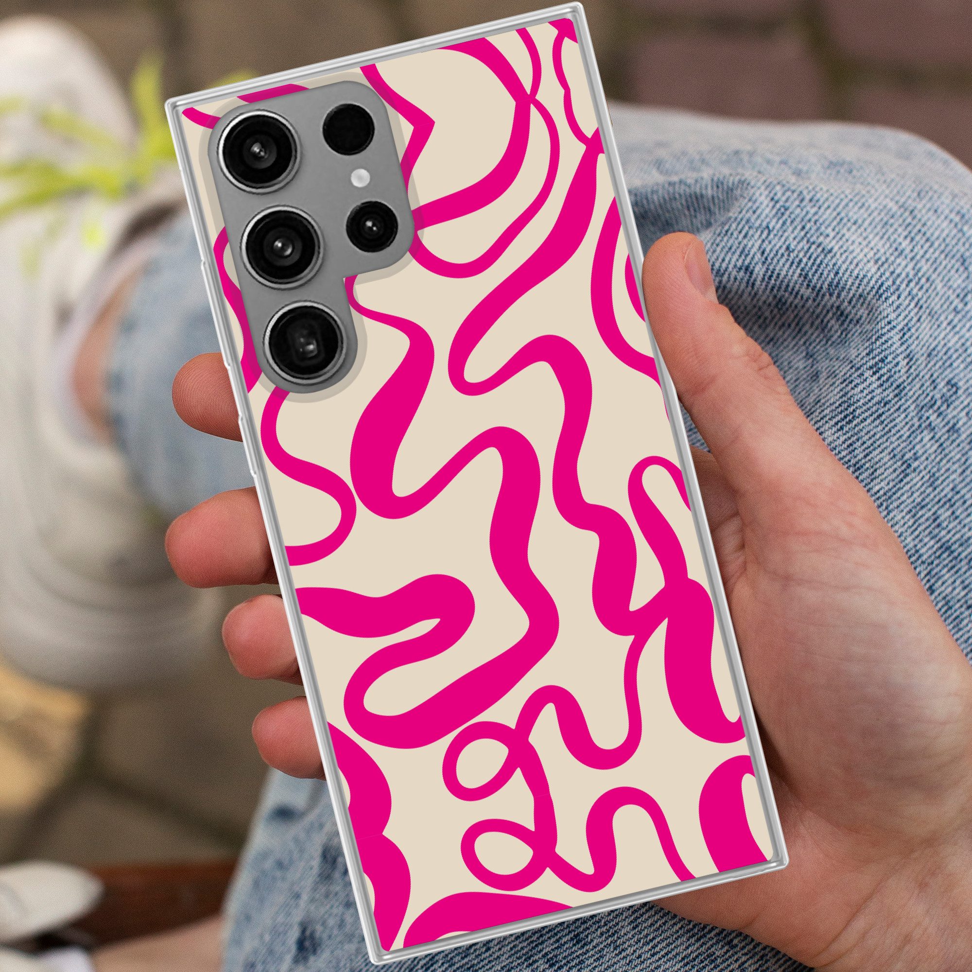 MuchoWow Handyhülle für Samsung Galaxy S23 Ultra Linien - Rosa - Beige - Abstrakt - Minima