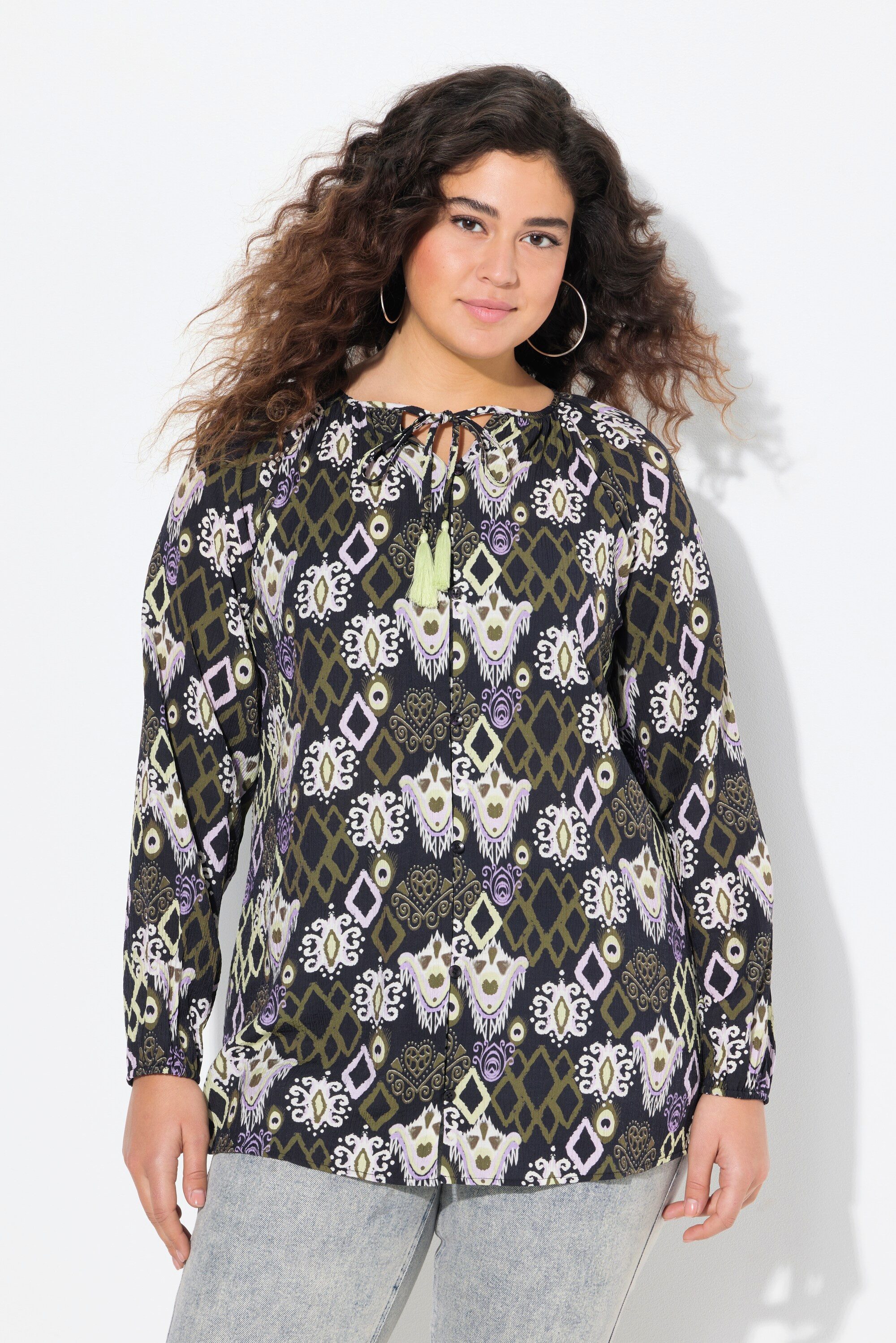 Longbluse Bluse Quastenband Rundhals Langarm